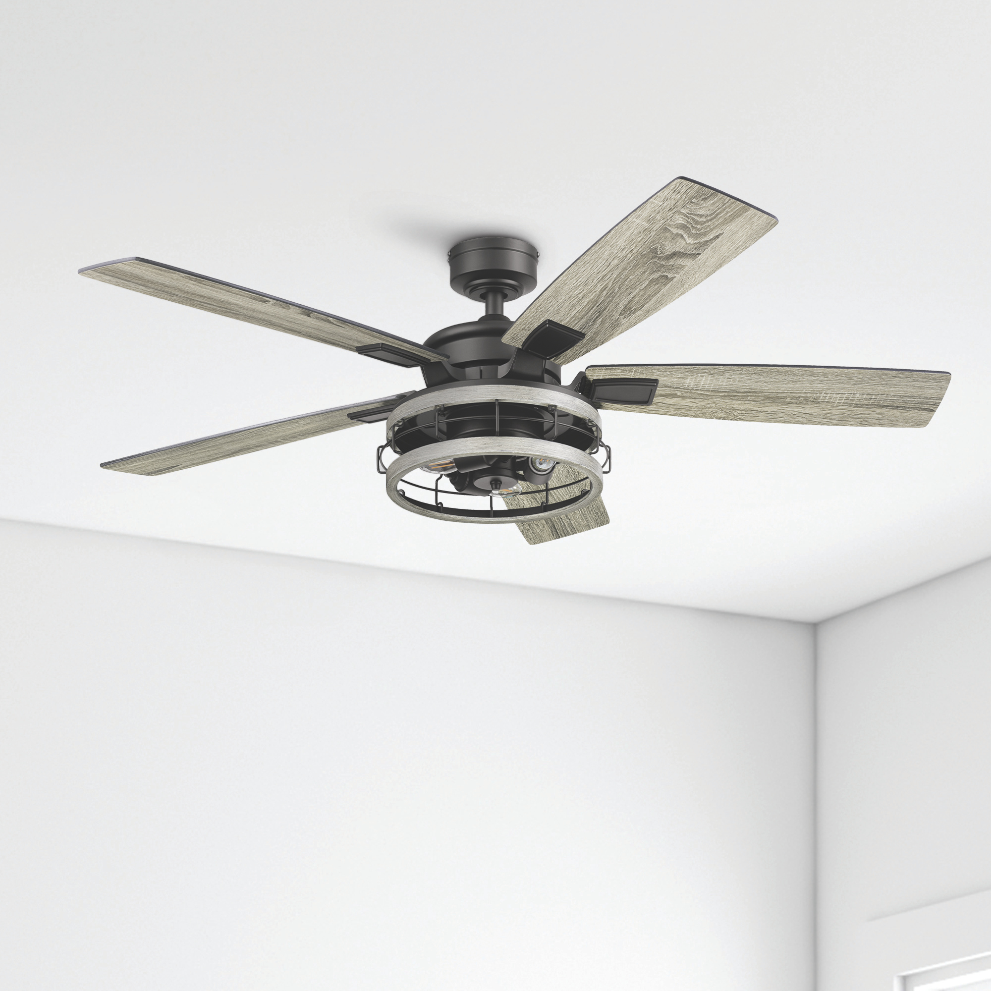 52 Inch Honeywell Carnegie Matte Black Ceiling Fan with Gray Cage Light & Remote Control - Perfect for Living Room, Bedroom, and Outdoor Covered Patio