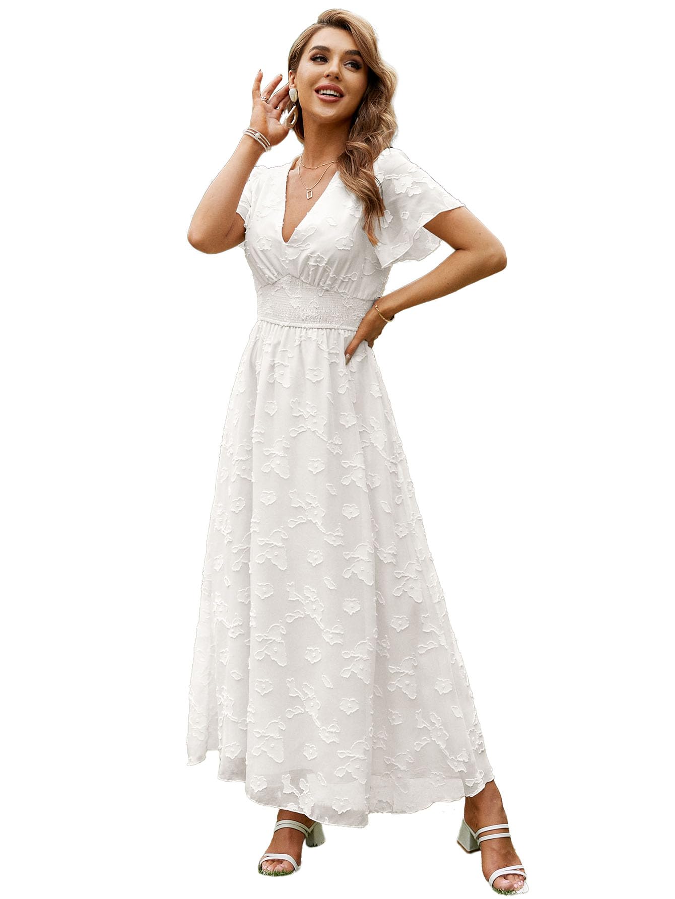 Boho Floral Maxi Dress for Women - Flowy Casual V-Neck Short Sleeve Wedding Guest Dress, Beach Holiday Long Dress for Summer Vacations & Outdoor Events