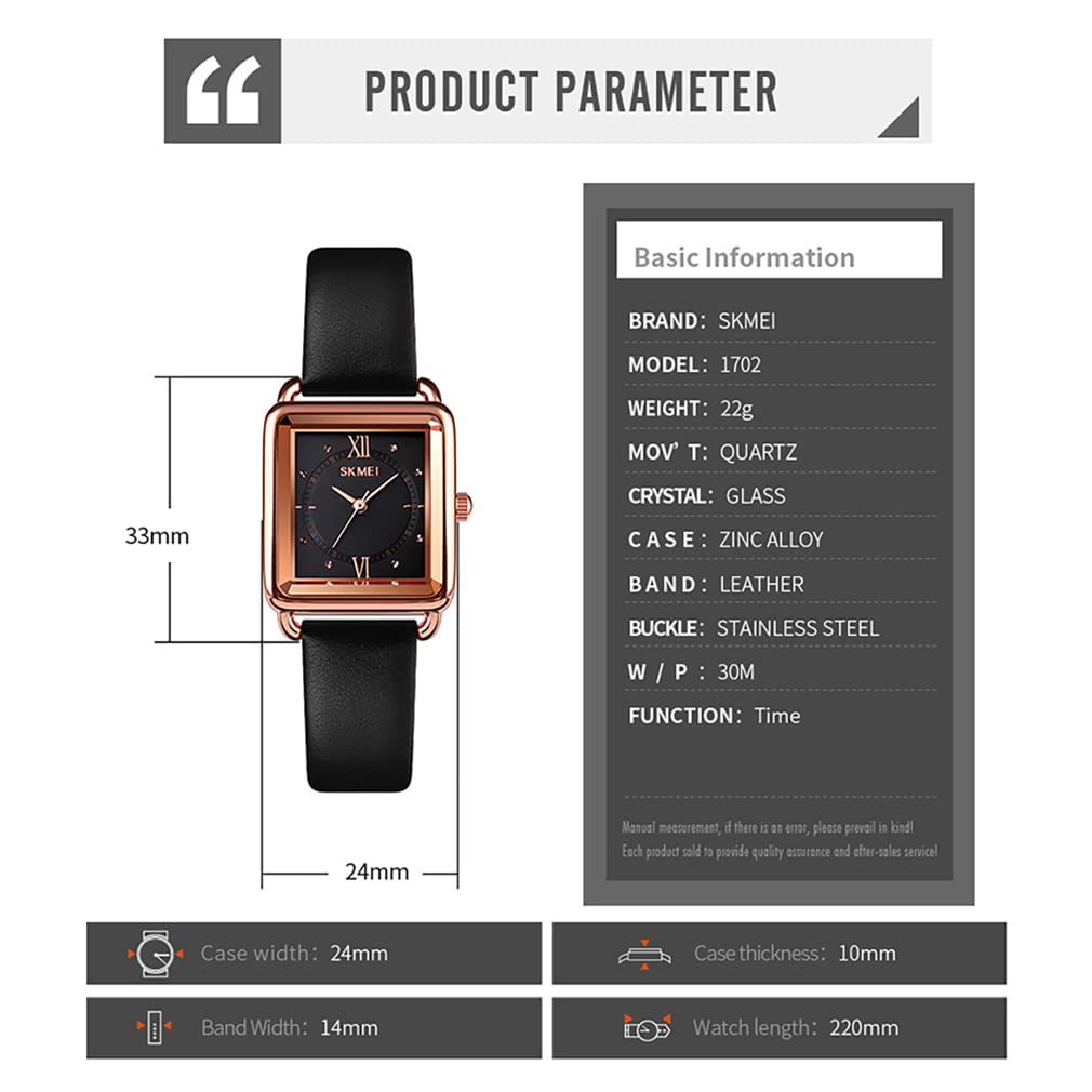 SKMEI Women's Square Watch - Slim Light Leather Band, Waterproof Analog Quartz Watch for Ladies - Perfect for Casual Wear, Office & Gift for Girls