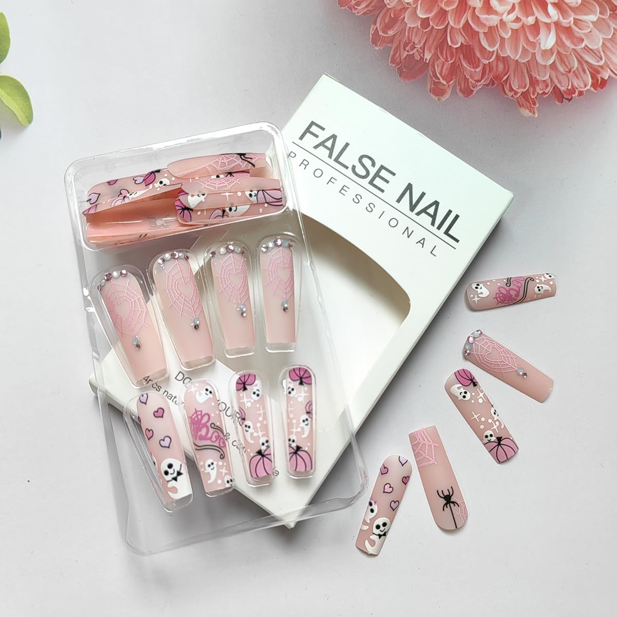 Halloween Press on Nails - 24PCS Long Square Fake Nails with Pumpkin, Coffin, Heart & Spider Web Designs | Glue on Nails with Rhinestones for Women | Perfect for Halloween Parties, Costume Events & DIY Nail Art