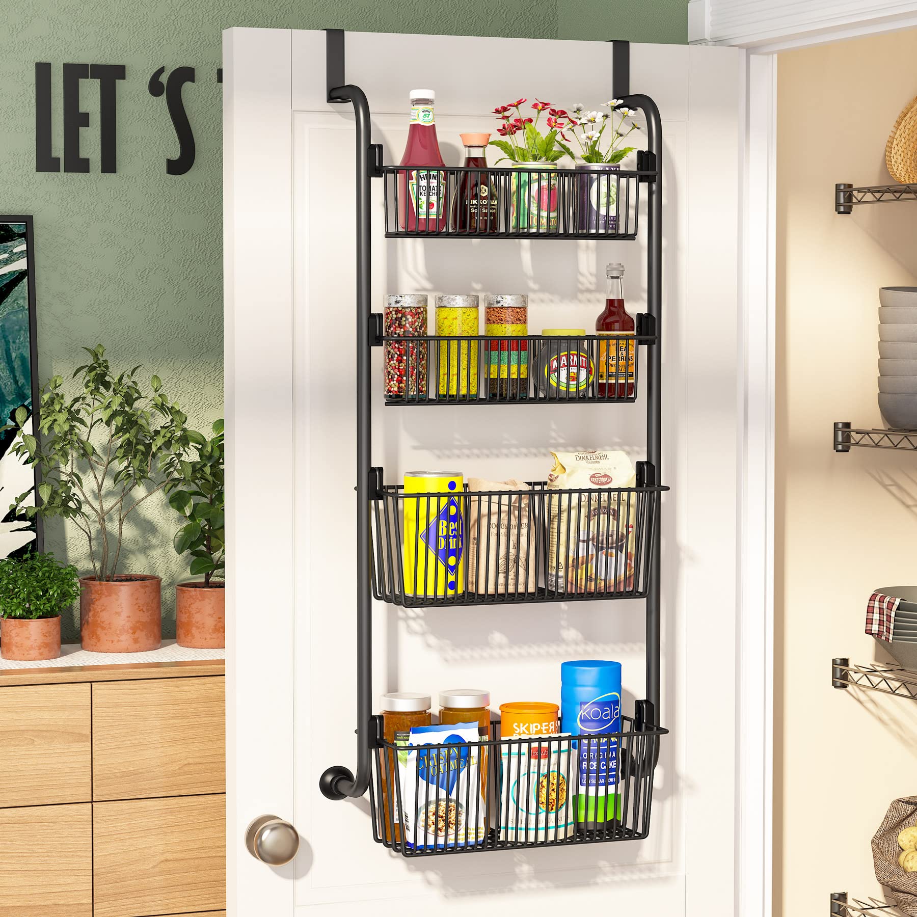 Over the Door Pantry Organizer Rack - Heavy Duty Metal Kitchen Storage with 4 Baskets (2x4.72