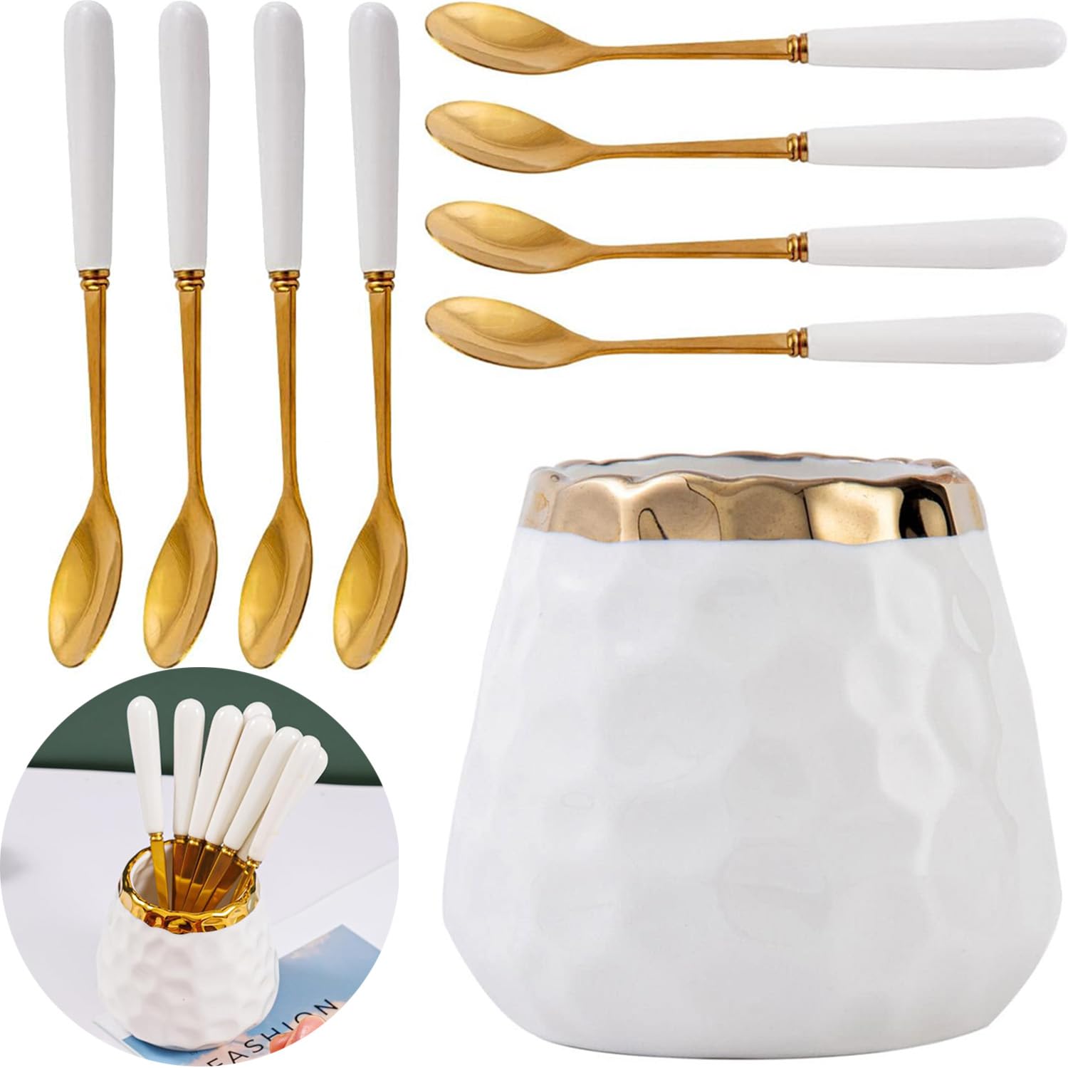 9-Piece Ceramic Coffee Spoon Set with Jar - 8 Small Spoons for Coffee, Tea, Ice Cream & Cake - Elegant Ceramic Handle Dessert Spoons for Home, Cafe & Gift Giving