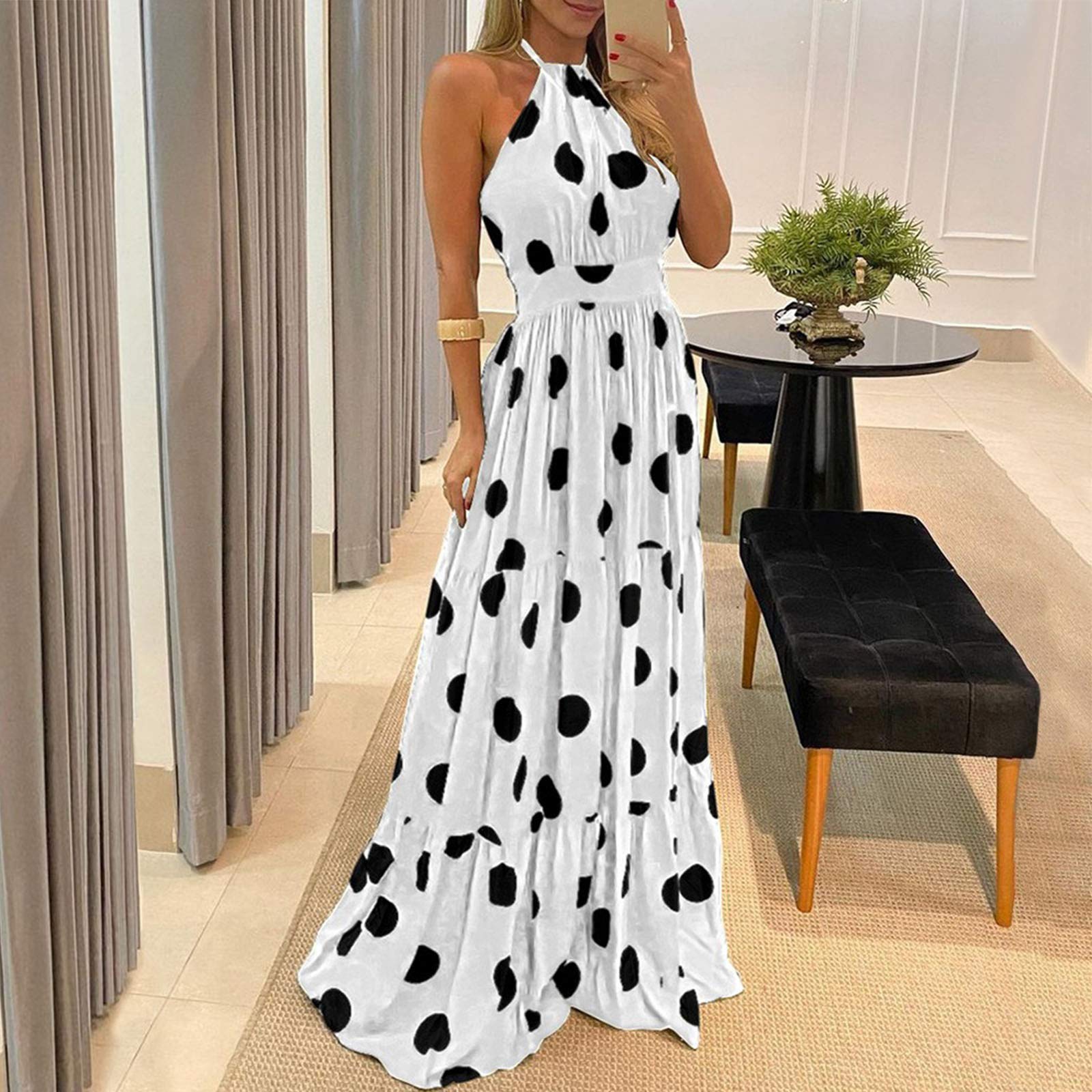 Sexy Women's Summer Maxi Dress - Halter Neck, Backless & Sleeveless Bohemian Beach Dress | Trendy Flowy Dress for Vacation, Pool Party & Date Night