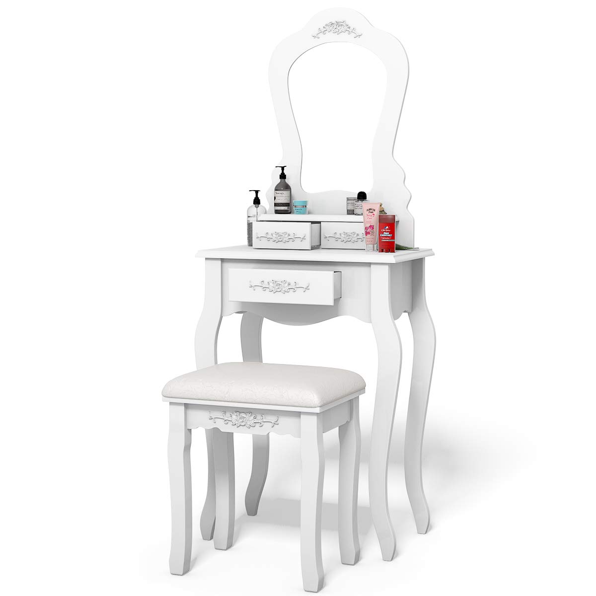 Modern White Vanity Table Set with 3 Drawers, Fan-Shaped Mirror & Cushioned Stool - Multifunctional Makeup Dressing Desk for Bedroom, Beauty Salon & Home Decor | Perfect for Daily Makeup, Skincare & Hair Styling
