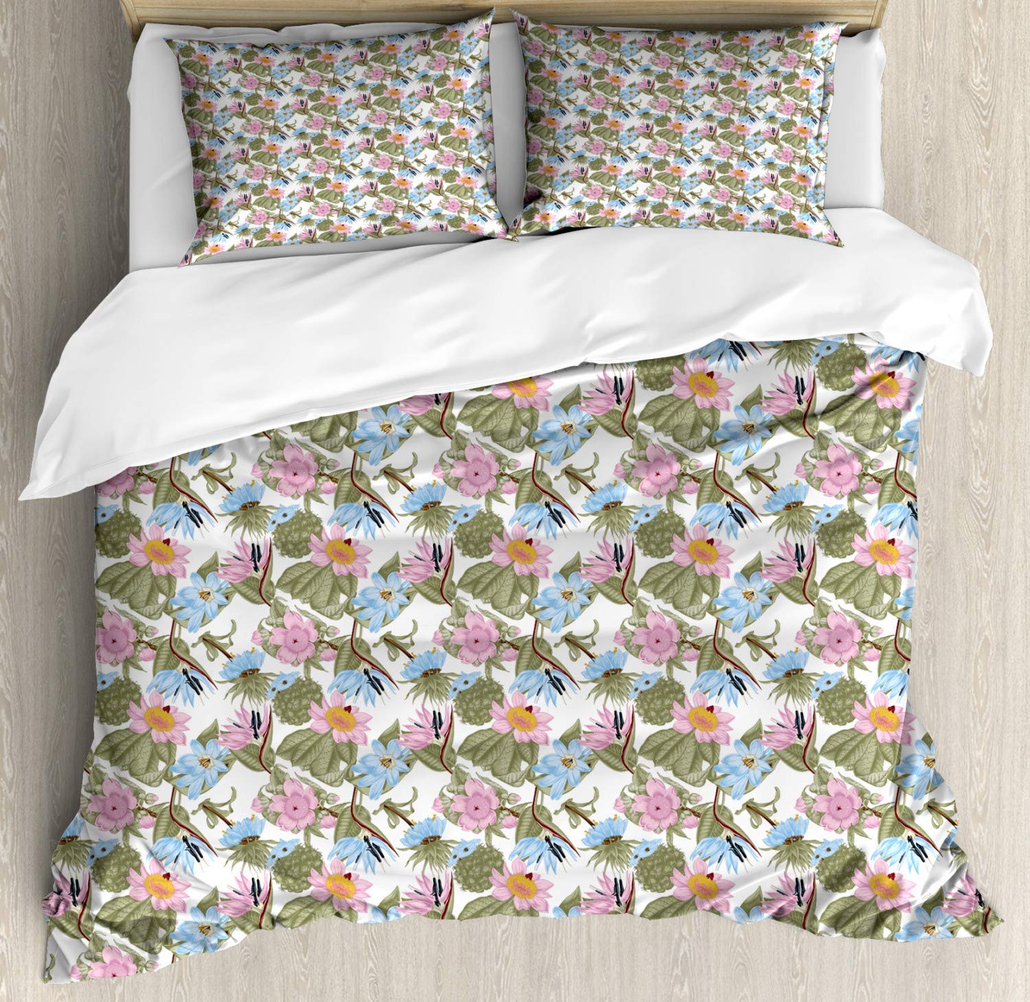 Exotic Garden Floral Bedding Set with Cactus Succulent Plants - 4 Piece Duvet Cover Set (1 Quilt Cover, 1 Bed Sheet, 2 Pillow Cases) in Sage Green, Pale Pink, Pale Blue & Earth Yellow - Perfect for Boho Chic Bedroom Decor & Plant Lover's Home