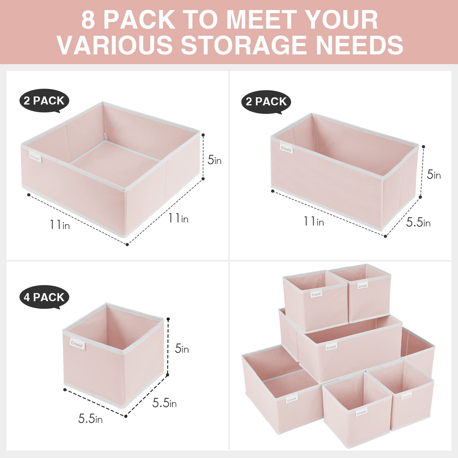 8-Pack Foldable Cloth Drawer Organizers for Underwear, Clothes & Scarves - Space-Saving Closet & Dresser Storage Box Dividers for Home Organization (Perfect for Bedroom, Bathroom & Travel)