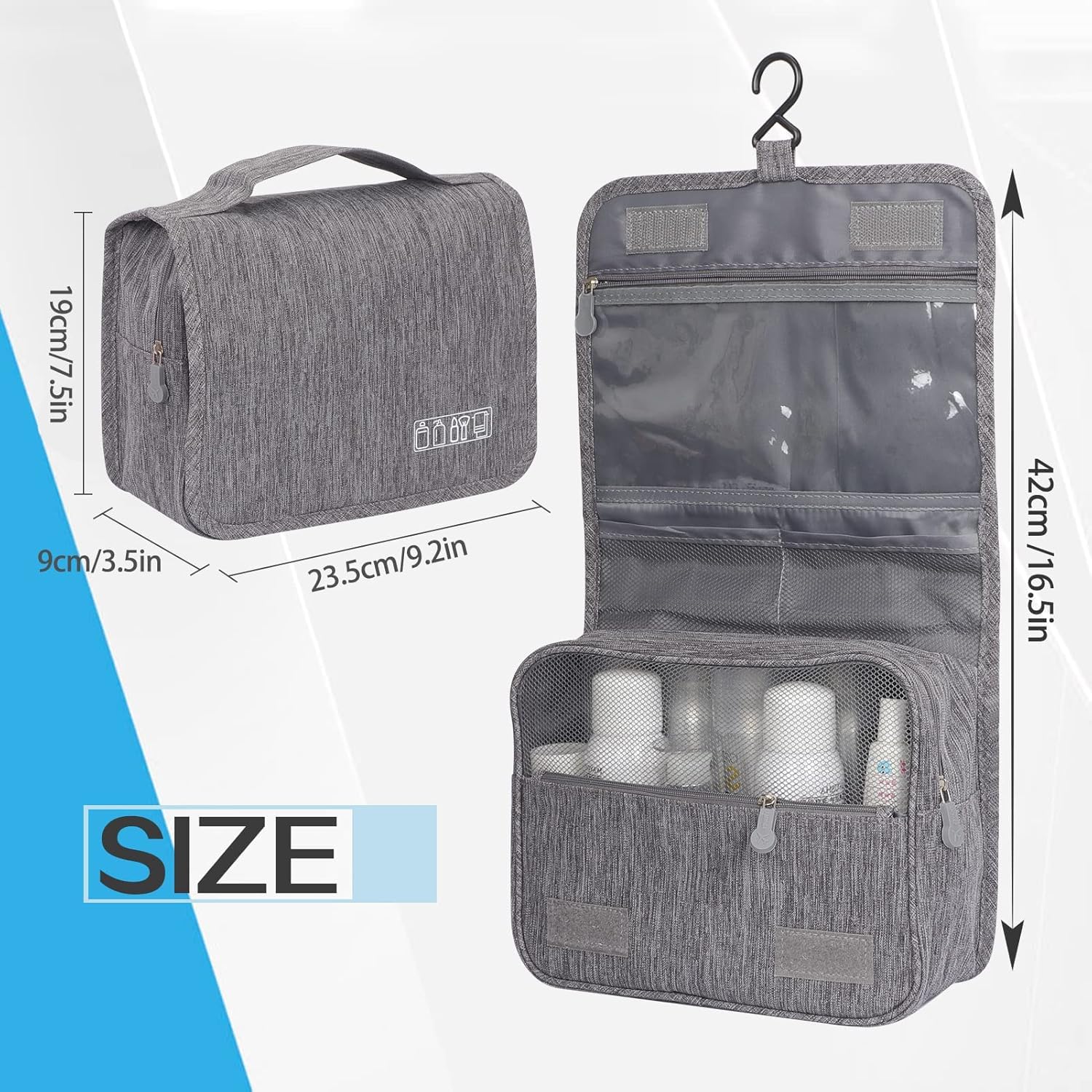 Anayo Hanging Travel Toiletry Bag - Waterproof Cosmetic & Makeup Organizer Pouch for Men & Women | Portable Shaving Kit, Brush Holder & Medicine Organizer | Perfect for Camping, Gym & Business Trips (Grey)