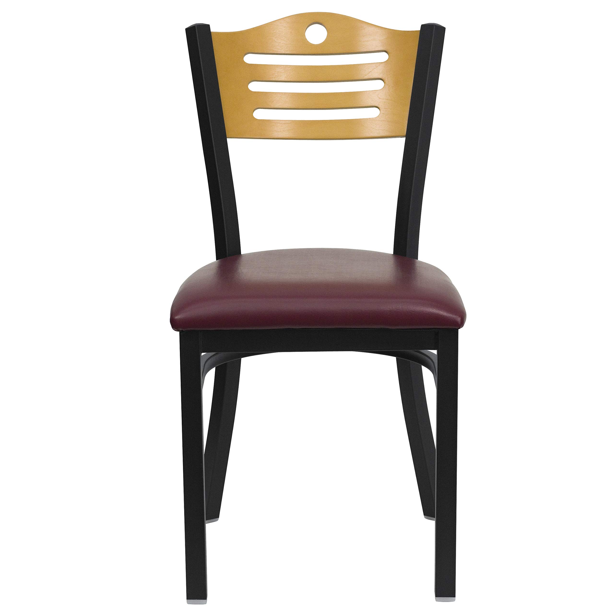 2 Pack Black Slat Back Metal Restaurant Chairs - Natural Wood Back & Burgundy Vinyl Seat - Durable Dining Chairs for Restaurants, Cafes, Bistros, and Home Kitchens