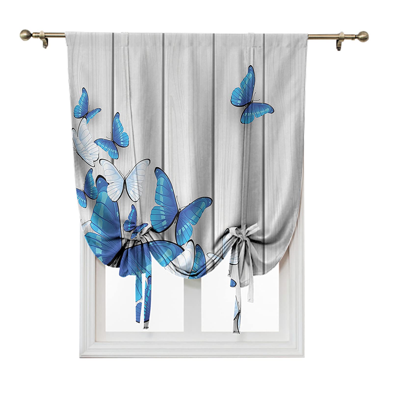 Blue and White Butterfly Kitchen Window Curtains - Rustic Wooden Background Roman Shades for Farmhouse Decor (35