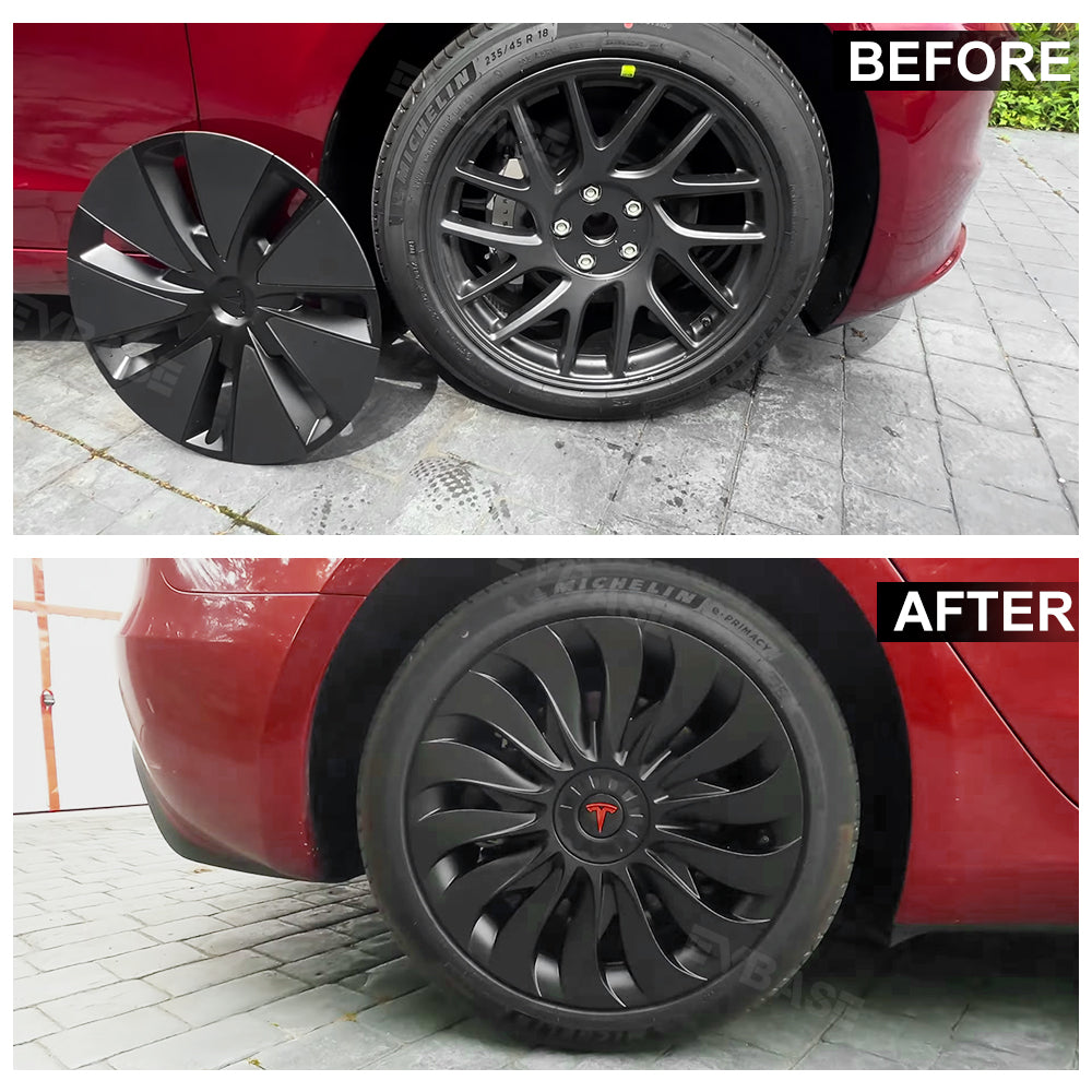 Tesla Model 3/Y Überturbine Style Wheel Covers - 18/19 Inch Alloy Wheel Protectors (Matte Black, 4-Piece Set) 2017+ | Perfect for Road Trips & Daily Commuting