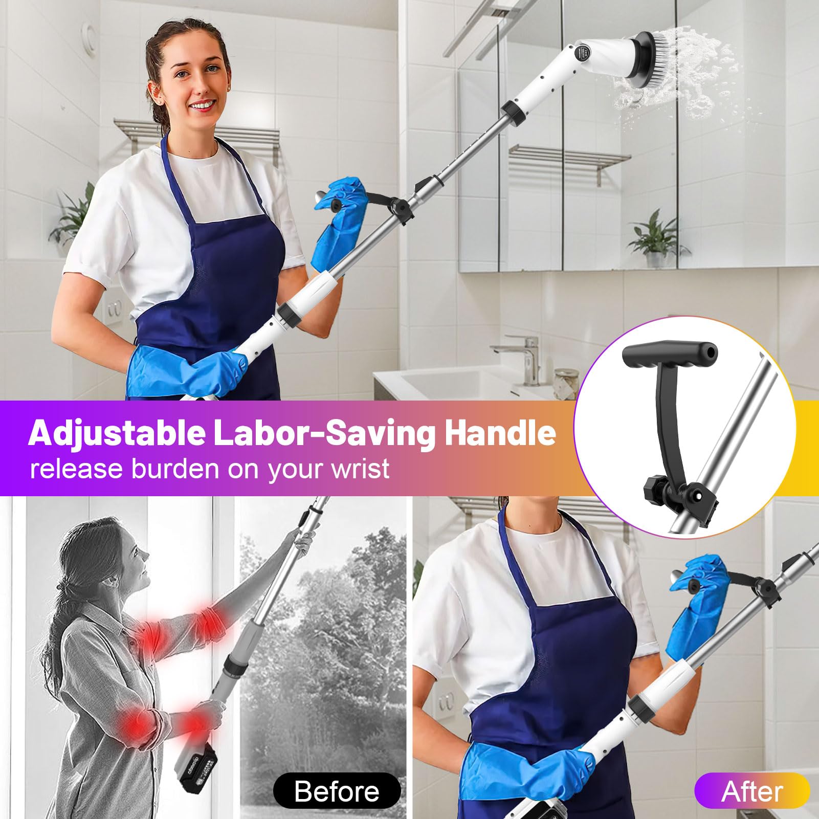 Zordin 6000mAh Cordless Electric Spin Scrubber with 5-Inch Large Brush - 1200RPM Power Shower Cleaner for Bathroom Tiles, Floor Grout, Kitchen & Shower - Includes 8 Replacement Brushes for Deep Cleaning
