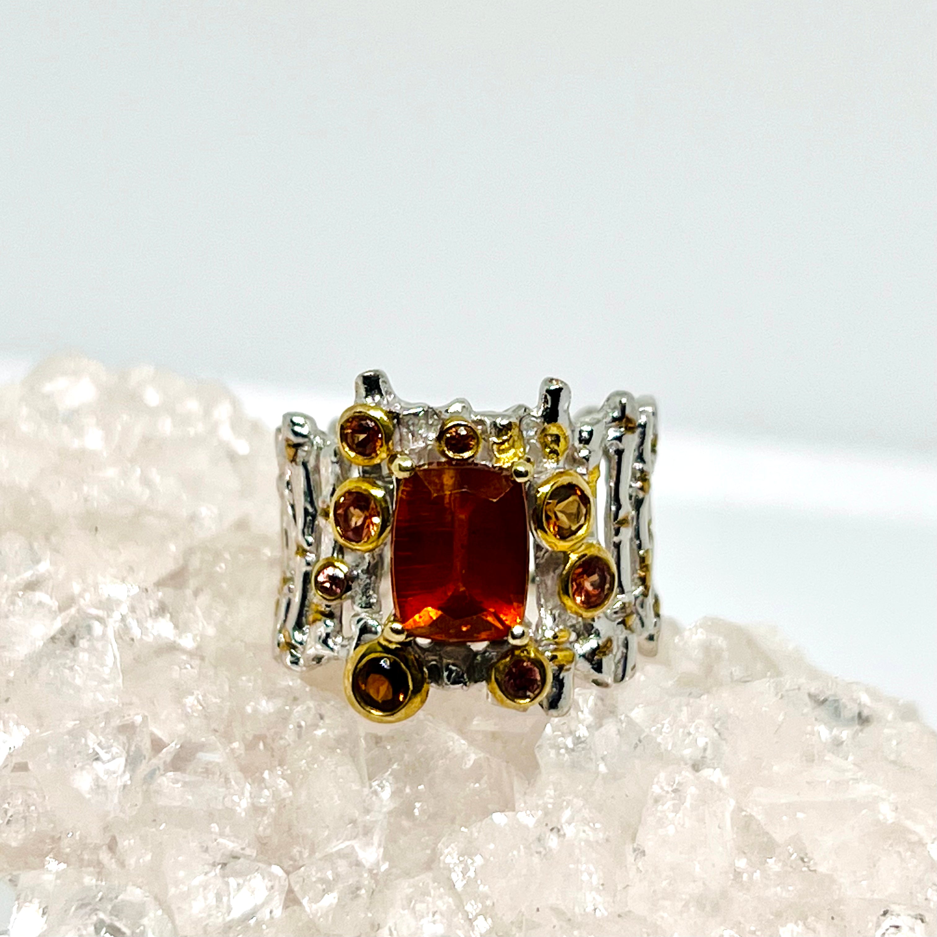 Orange Kyanite Cushion Cut Ring with Tourmaline & Sapphire - Size 8 - Designer Jewelry for Women | Perfect for Weddings, Anniversaries & Special Occasions