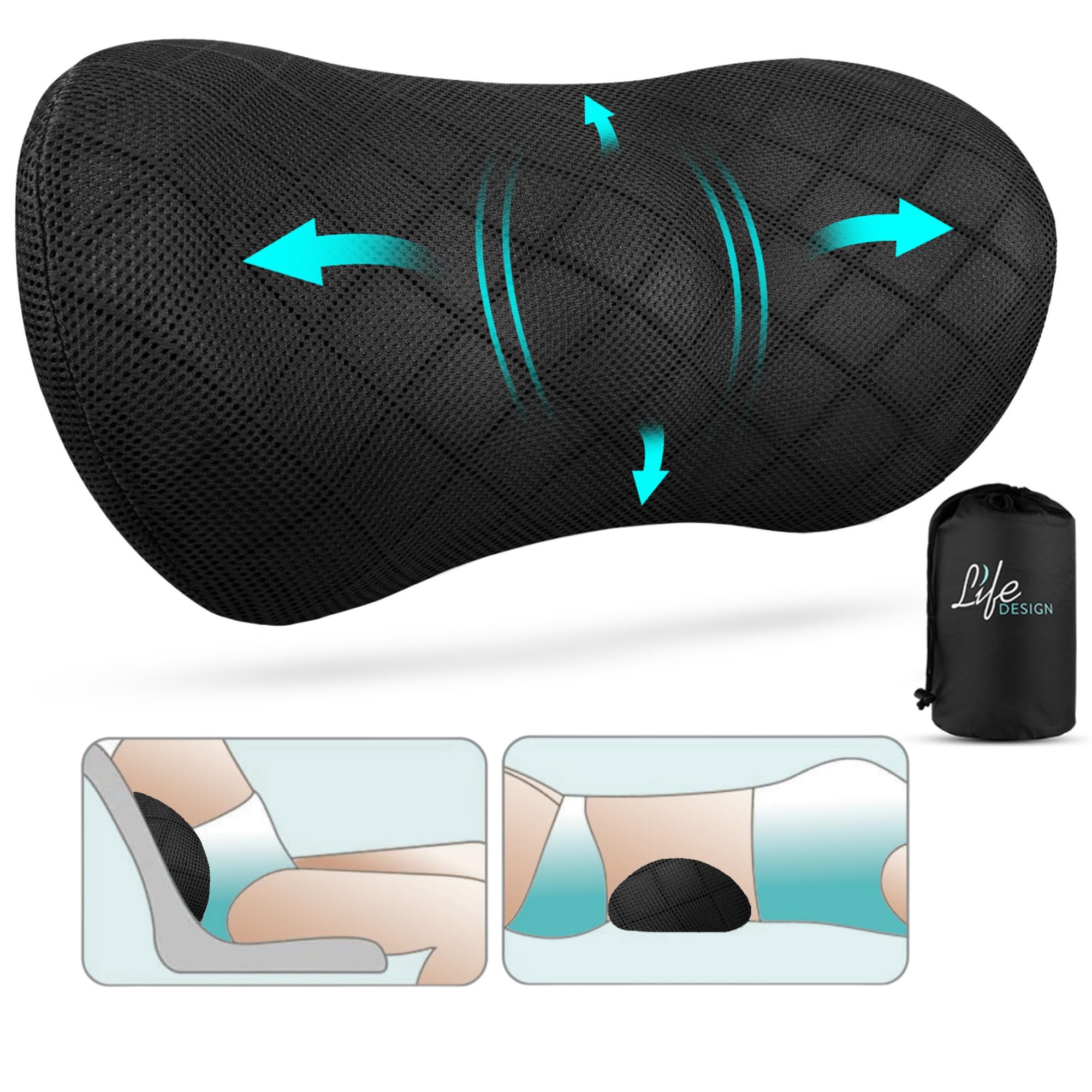 Life Design Memory Foam Lumbar Support Pillow for Back Pain Relief - Ergonomic Posture Corrector for Office Chair, Car Seat, Gaming & Recliner - Breathable Black Back Cushion for Work, Travel & Home Use