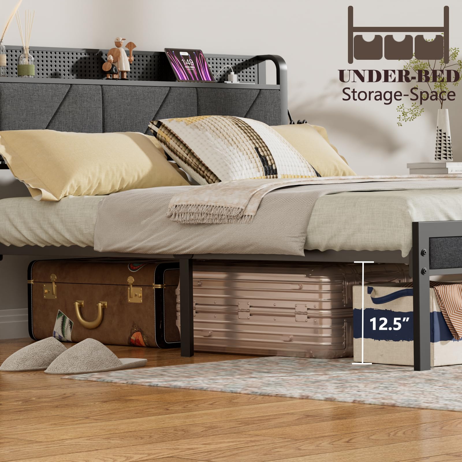 Furnulem Queen Size Bed Frame with Headboard & LED Lights - Upholstered Platform Bed with USB Charging Station, No Box Spring Needed, Noise-Free Metal Bed Frame - Perfect for Modern Bedrooms, Guest Rooms & LED Lighting Enthusiasts