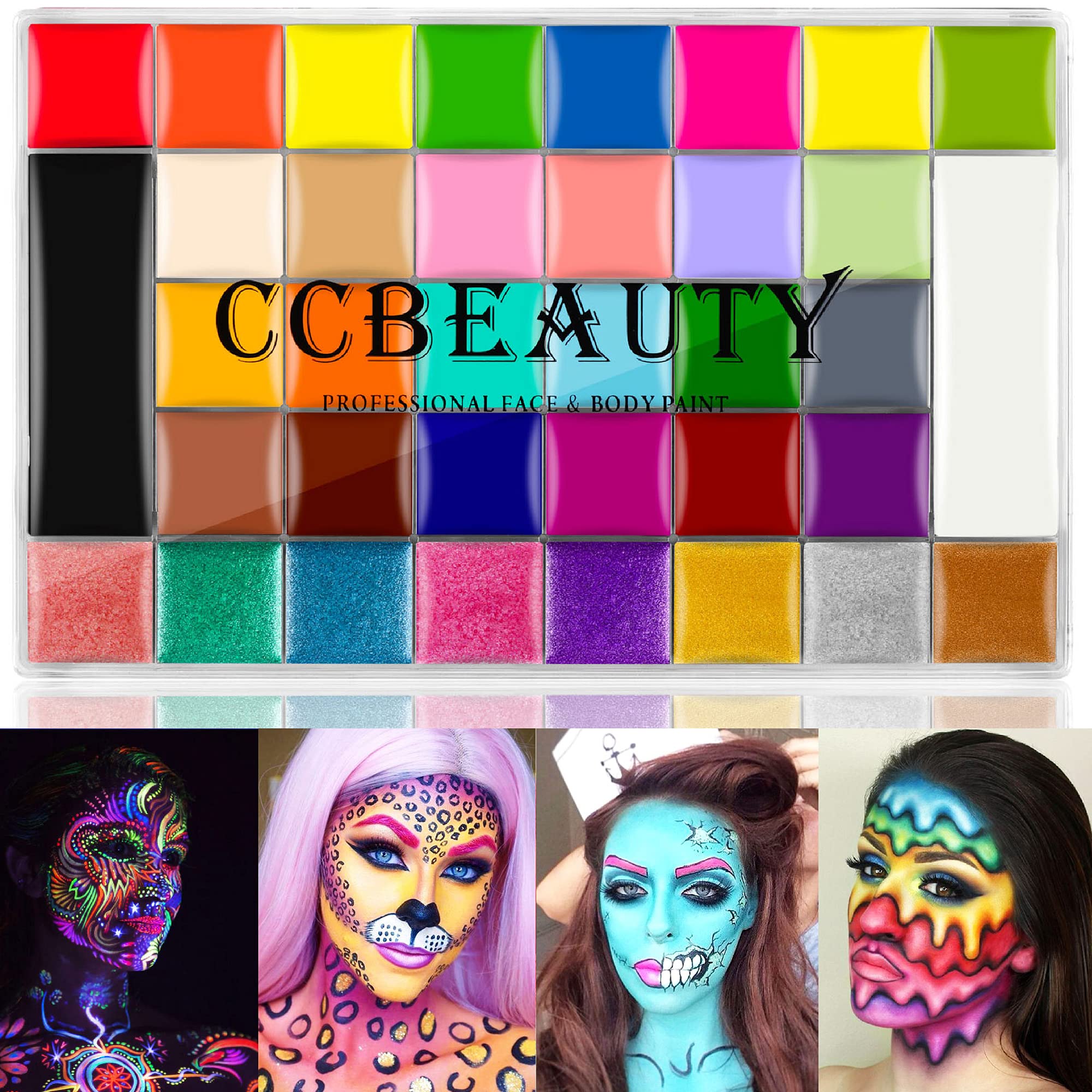 CCbeauty Professional 36 Color Face & Body Paint Kit - Halloween, Cosplay, SFX Makeup Palette with Neon Colors & 10 Pink Brushes | Perfect for Costume Parties, Theater Performances, and Creative Body Art