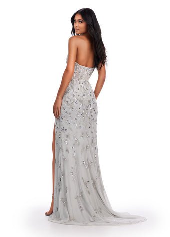 ASHLEYlauren 11614 Fully Beaded Strapless Evening Gown with High Leg Slit & Corset Bustier - Perfect for Prom, Red Carpet & Formal Events