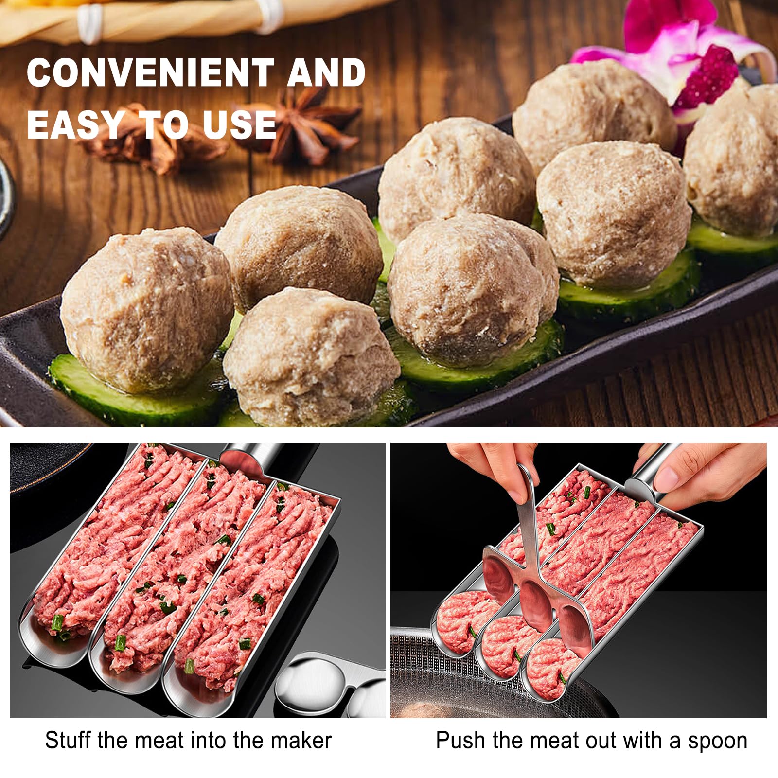 Premium Stainless Steel Meatball Maker - 3 Tube Meatball Mold for Quick & Easy Homemade Meatballs, Cookies, and Sorbet | Perfect for Home Cooking, Meal Prep, and Party Snacks