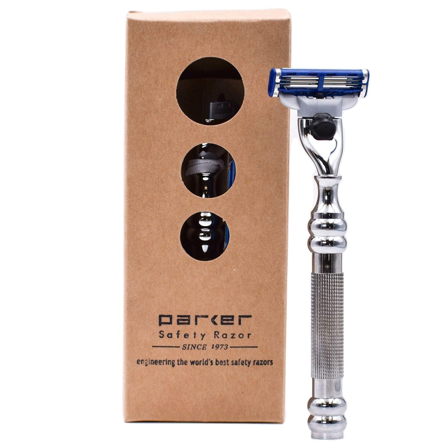 Parker 43M Heavyweight All-Metal Triple Blade Razor - Premium Brass Frame & Textured Chrome Handle Shaving Razor with Gillette Mach 3 Blade - Perfect for Men's Daily Shaving, Travel & Gift Giving