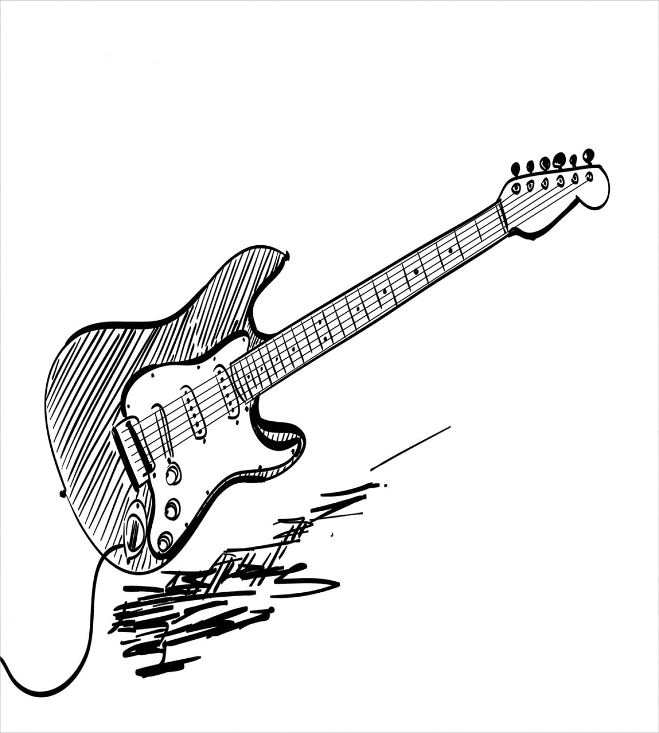 Ambesonne Guitar Duvet Cover Set - Queen Size 2-Piece with 4 Pillowcases, Hand-Drawn Electric Guitar Rock Music Sketch Design on White Background, Black & White Bedding for Music Lovers' Bedroom Decor