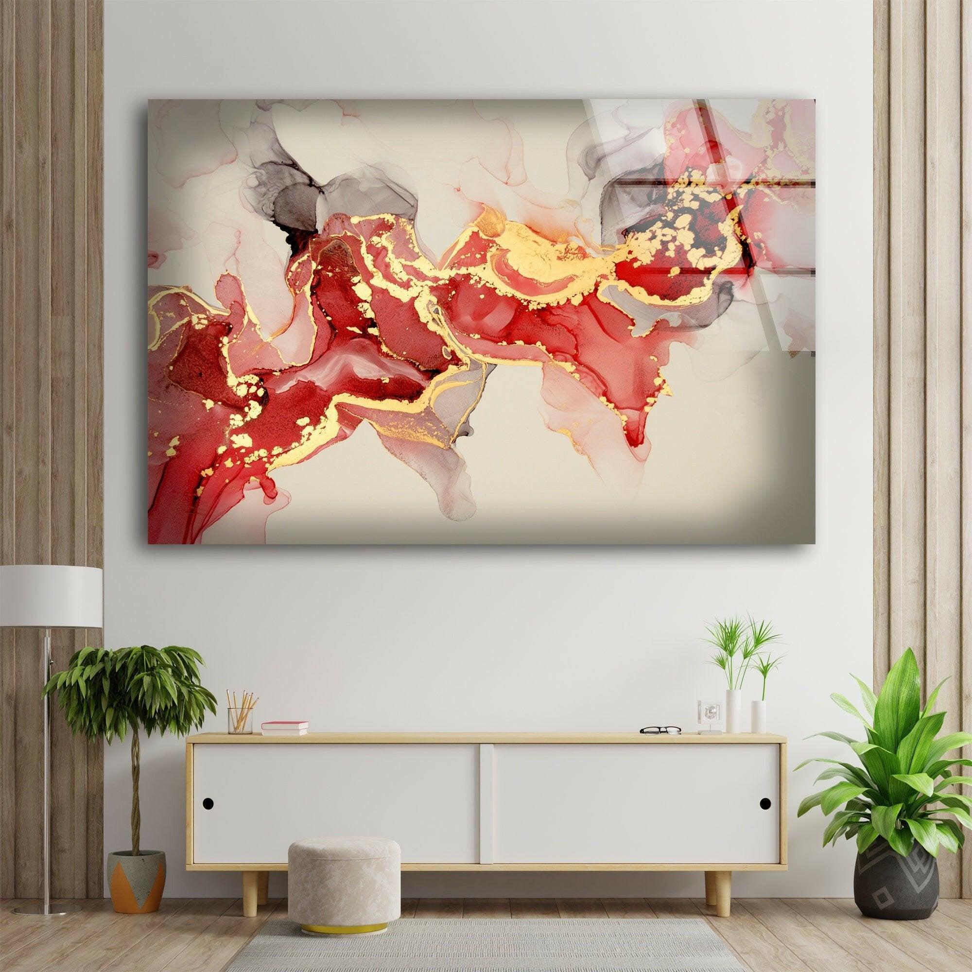 Red Marble Alcohol Ink Glass Wall Art - Handmade Abstract Home Decor for Living Room, Bedroom & Office
