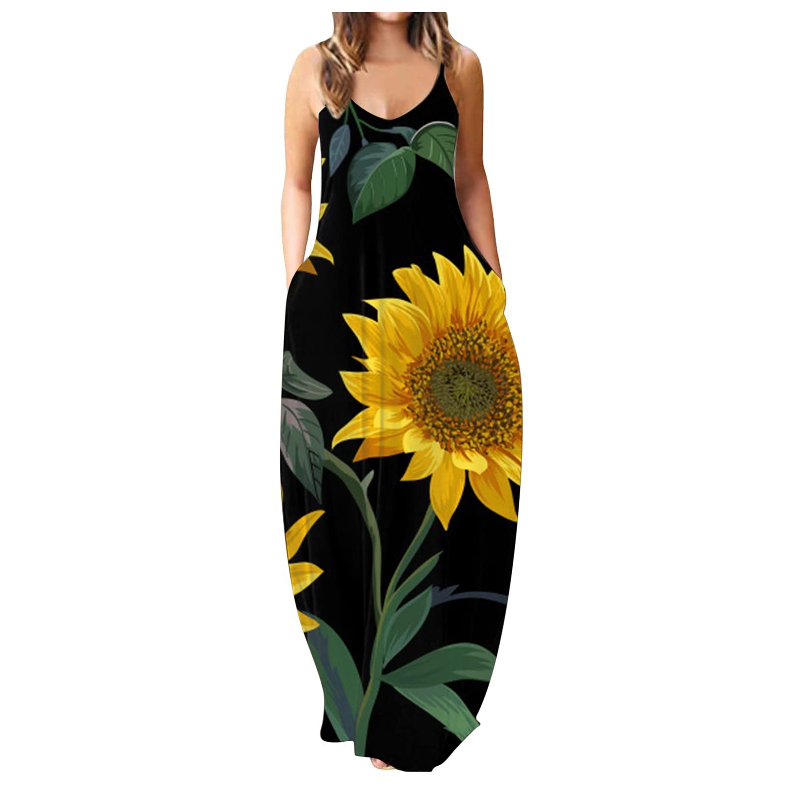 Sunflower Print Sleeveless Long Dress for Women - Plus Size Floral Pullover O-Neck Summer Dress | Perfect for Beach Vacations, Garden Parties & Casual Outings