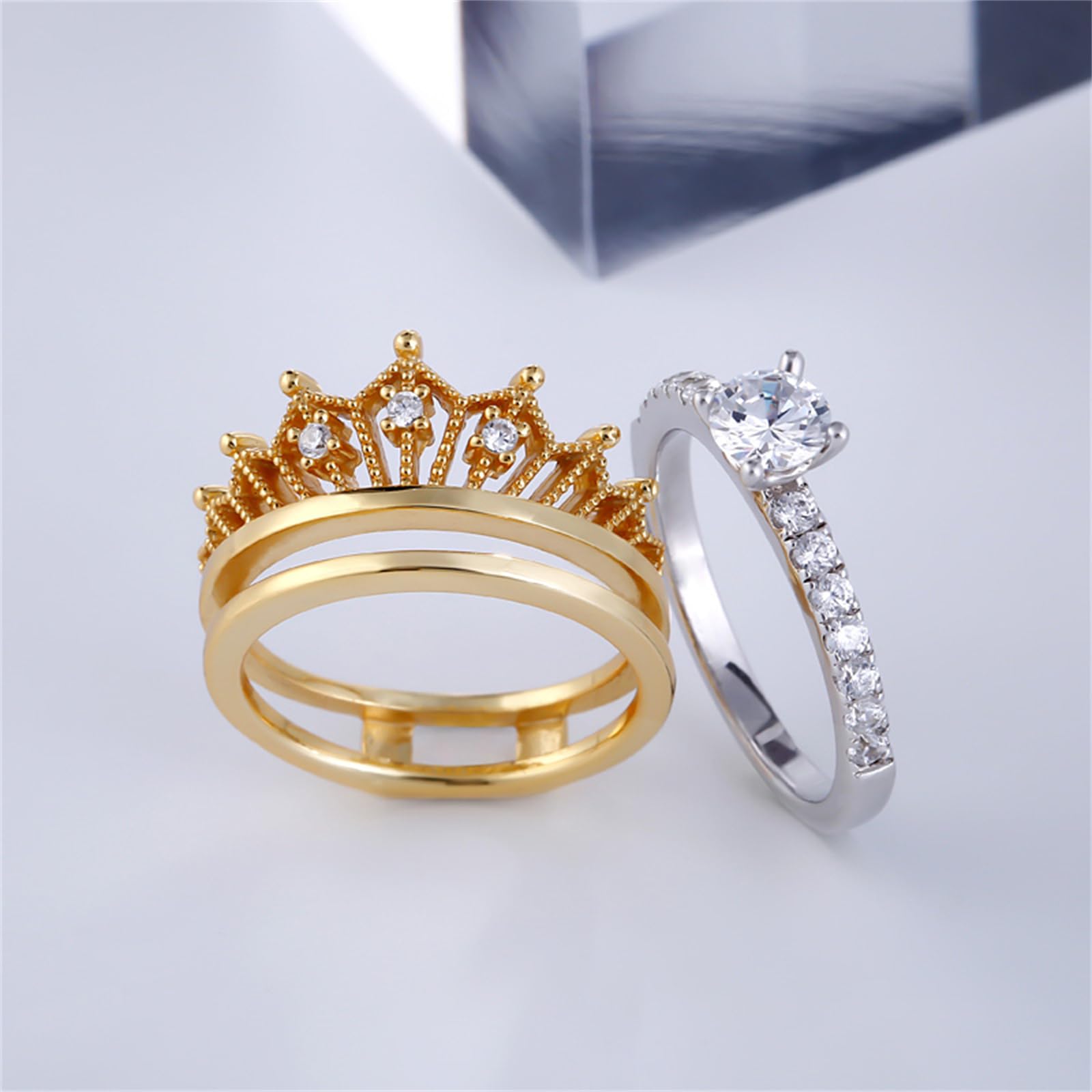 Jeulia 2 Carat Crown 925 Sterling Silver Ring for Women - Two Tone Gold Plated Wedding Band Set with Round Cut Cubic Zirconia - Engagement, Anniversary, Promise Ring - Perfect for Bridal Jewelry, Gift Giving & Special Occasions