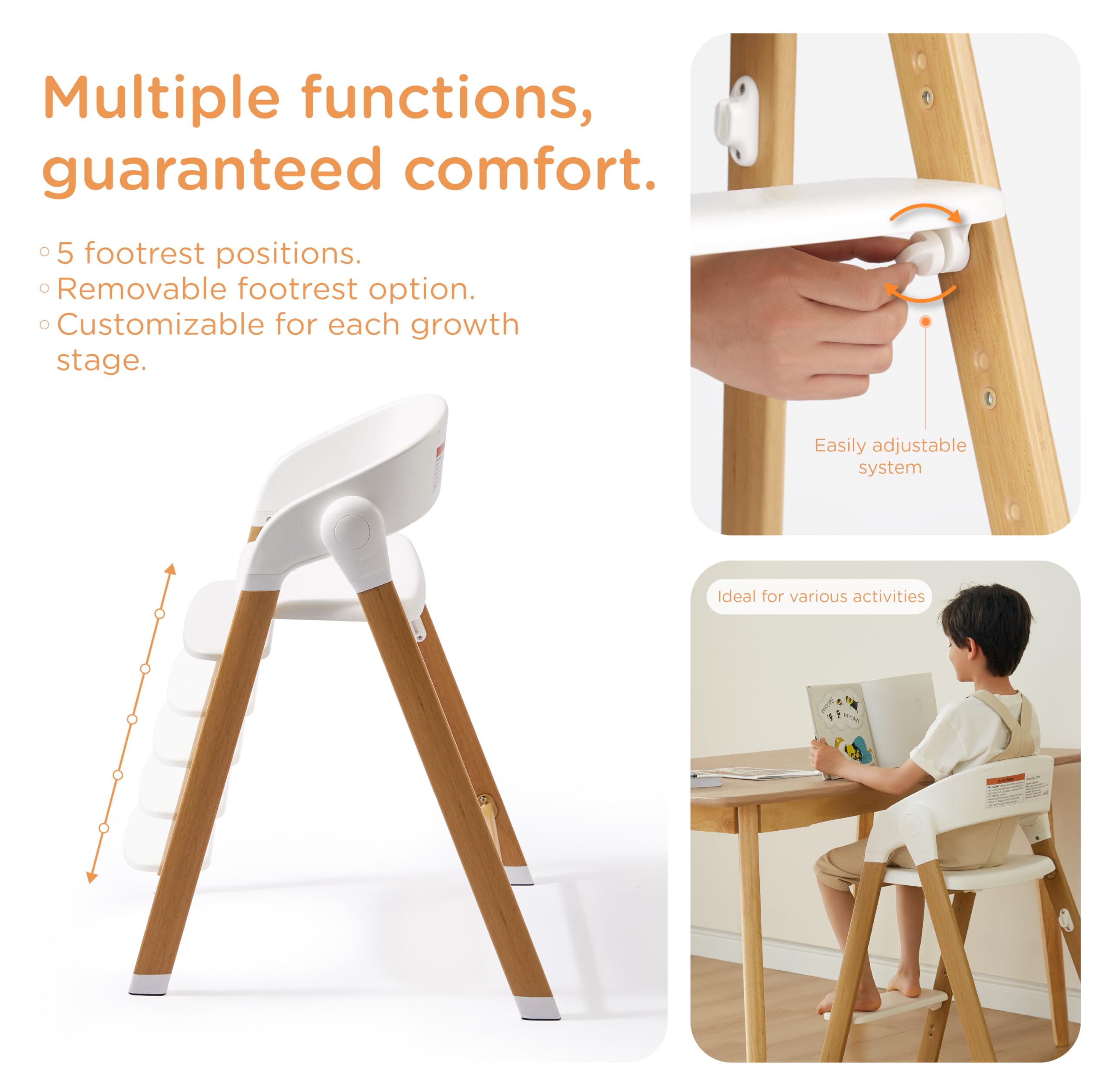 **Adjustable Convertible Baby High Chair with 5-Point Harness & Removable Tray – Foldable, Easy-Clean Wood-Printed Metal Design for Infants & Toddlers – Perfect for Dining, Feeding & Family Meals (White & Natural Wood-Printed Metal)**