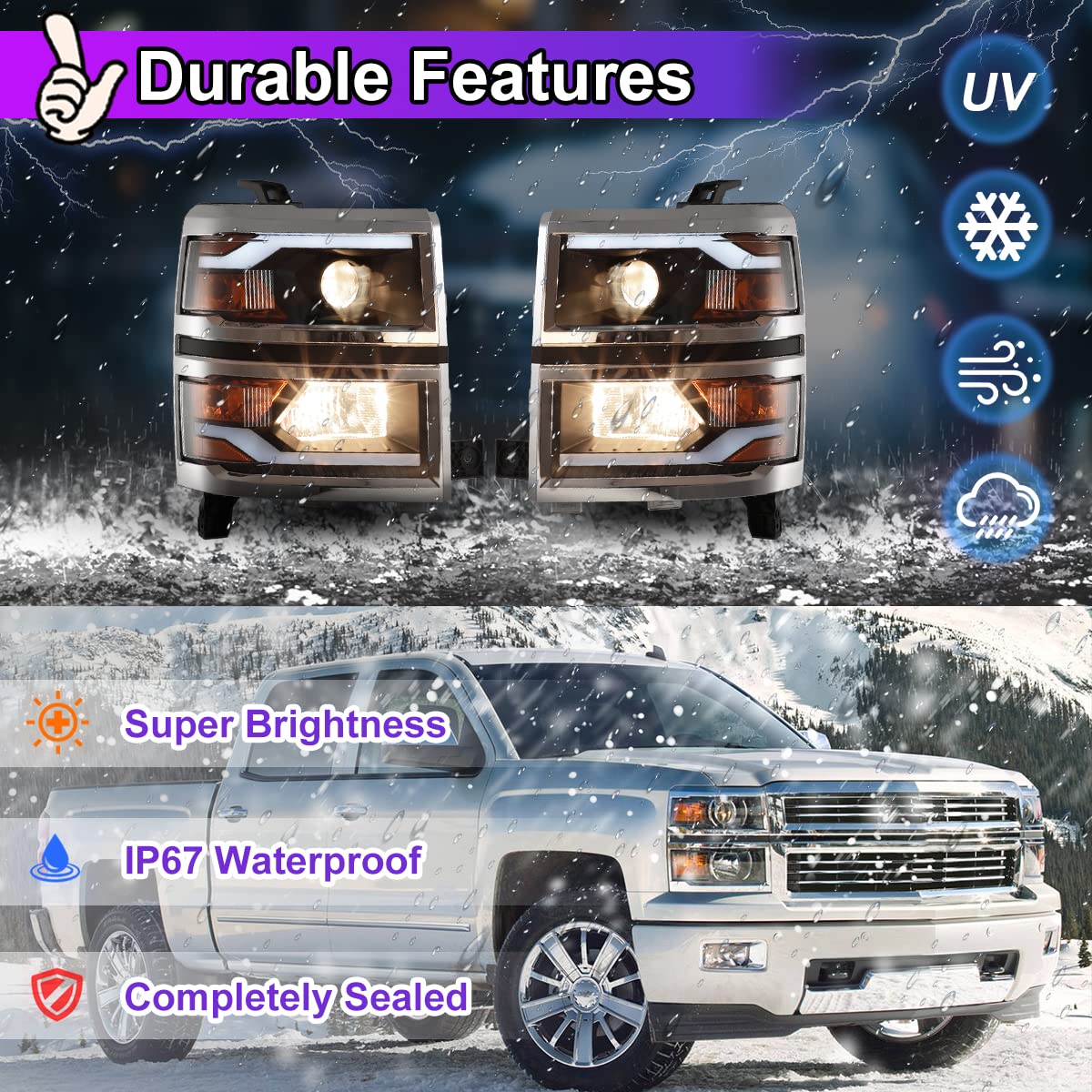 Nixon Offroad LED Headlights Assembly for Chevy Silverado 1500 2014-2015 - Matte Black Housing with Clear Lens - High/Low Beam, DRL & Turn Signal Replacement - Perfect for Night Driving & Off-Road Adventures (1 Pair)