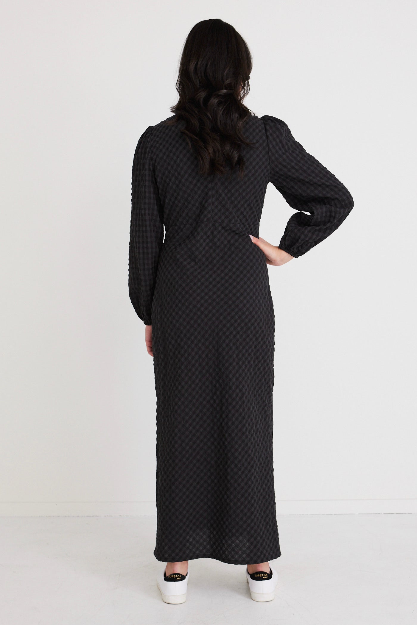 Phoenix Charcoal Gingham Long Sleeve Bias Cut Midi Dress - Perfect for Fall Fashion, Date Nights & Office Wear