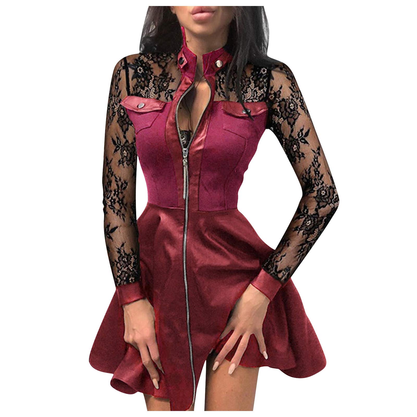 BOOBILY Women's Fuchsia Pink Mesh Lace Patchwork Leather Dress with Zipper Design - Elegant Party, Cocktail, Wedding Guest & Special Occasion Dresses for Women