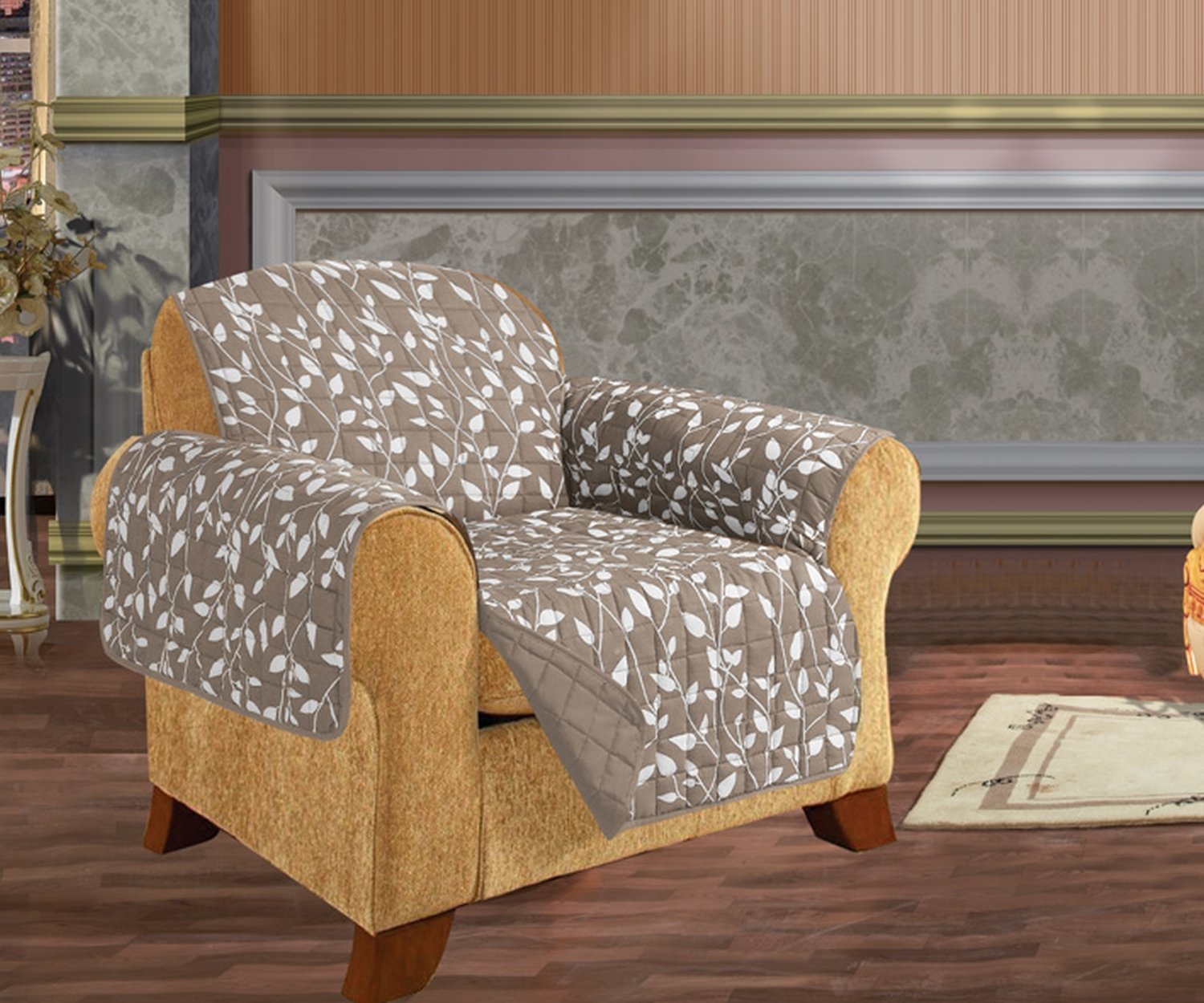 Quilted Furniture Protector for Pets & Kids - Non-Slip 2-Tie Design, Ultra Soft Microfiber (Egyptian Cotton Feel), Natural Leaf Pattern - Perfect for Sofas, Chairs, Beds to Protect from Pet Hair & Spills