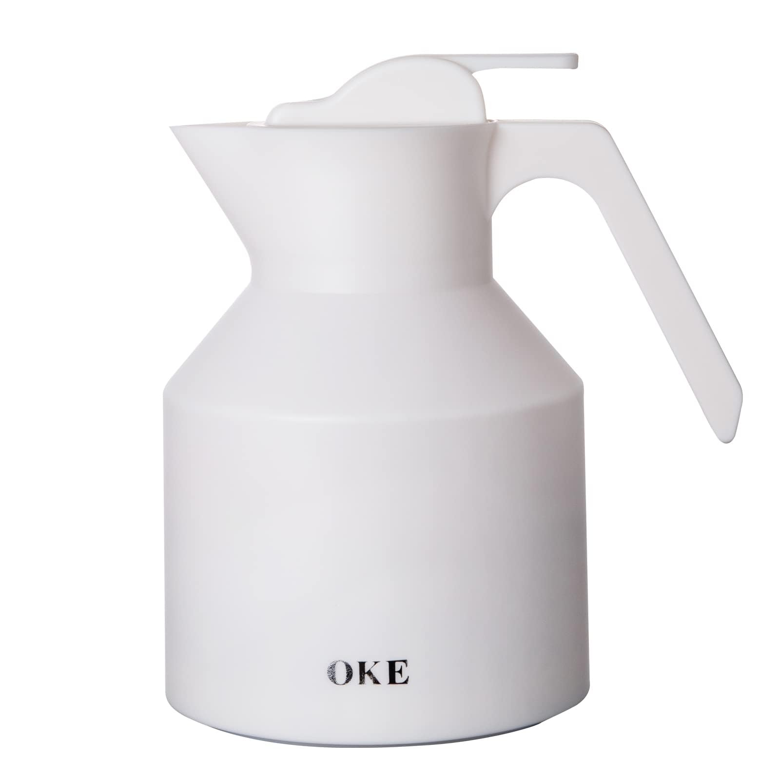 OKE 34oz Double-Walled Vacuum Insulated Coffee Carafe with Glass Liner - 24-Hour Hot & Cold Retention Beverage Dispenser, Ergonomic Handle for Coffee, Tea, Water - Perfect for Home, Office, Camping & Outdoor Use (White)
