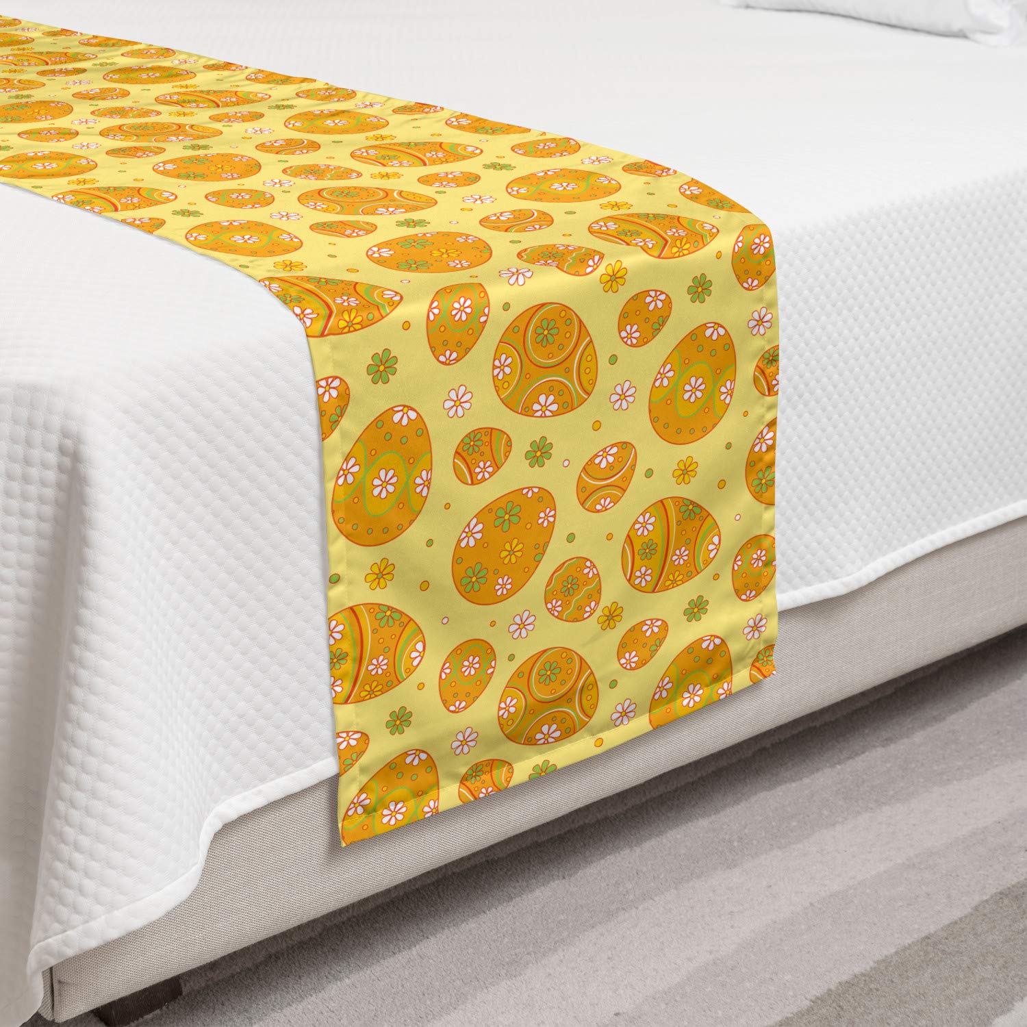 Ambesonne Easter Bed Runner - Cheerful Holiday Decor with Cartoon Daisies & Circles, Orange Yellow Green Decorative Bed Scarf for Hotels, Homes & Guest Rooms | Perfect for Spring Decorations, Easter Bedding & Seasonal Home Styling