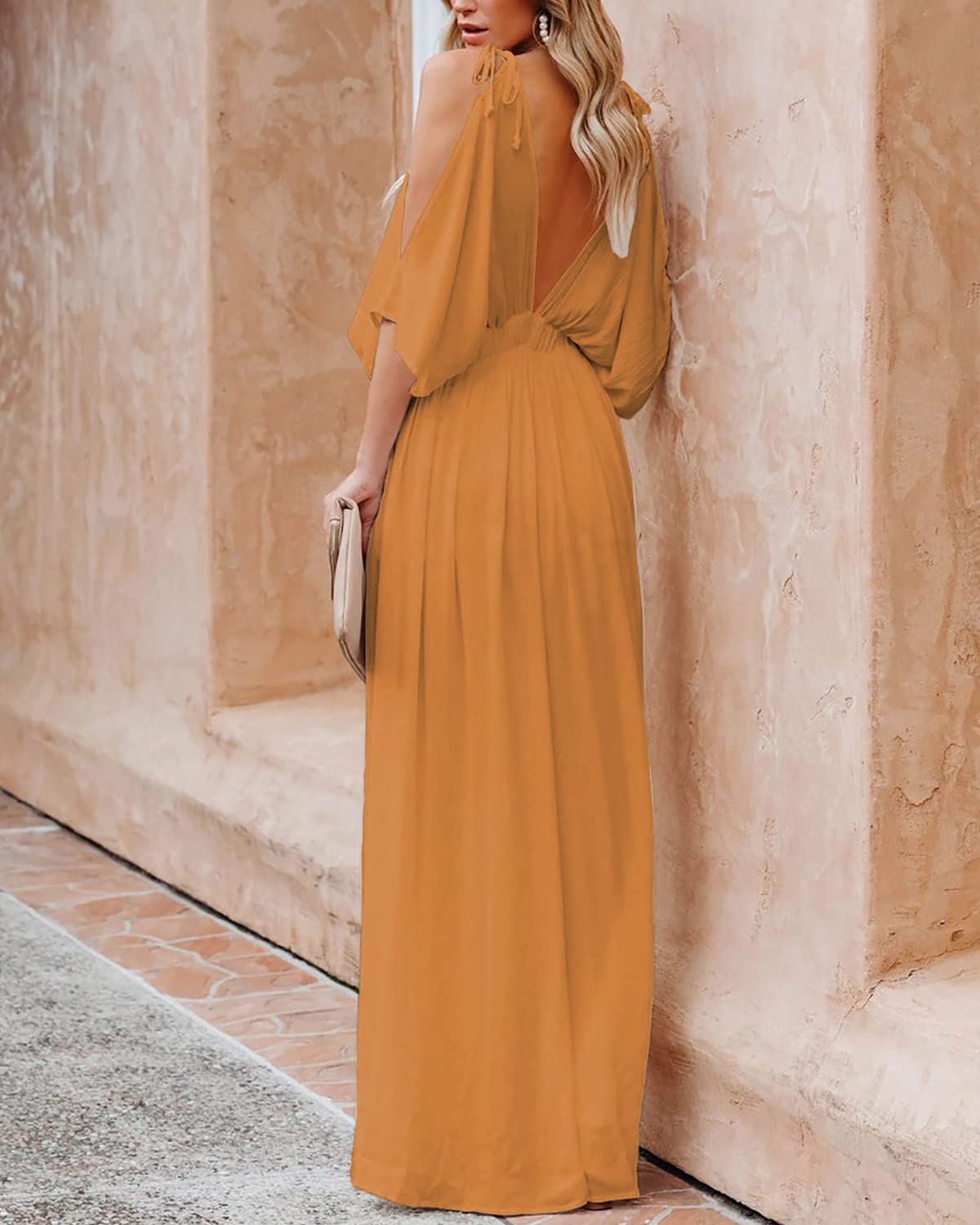DEEP SELF Women's Summer V-Neck Cold Shoulder Short Sleeve Maxi Dress - High Waist Split Long Dress for Wedding Guest, Beach Party & Date Night