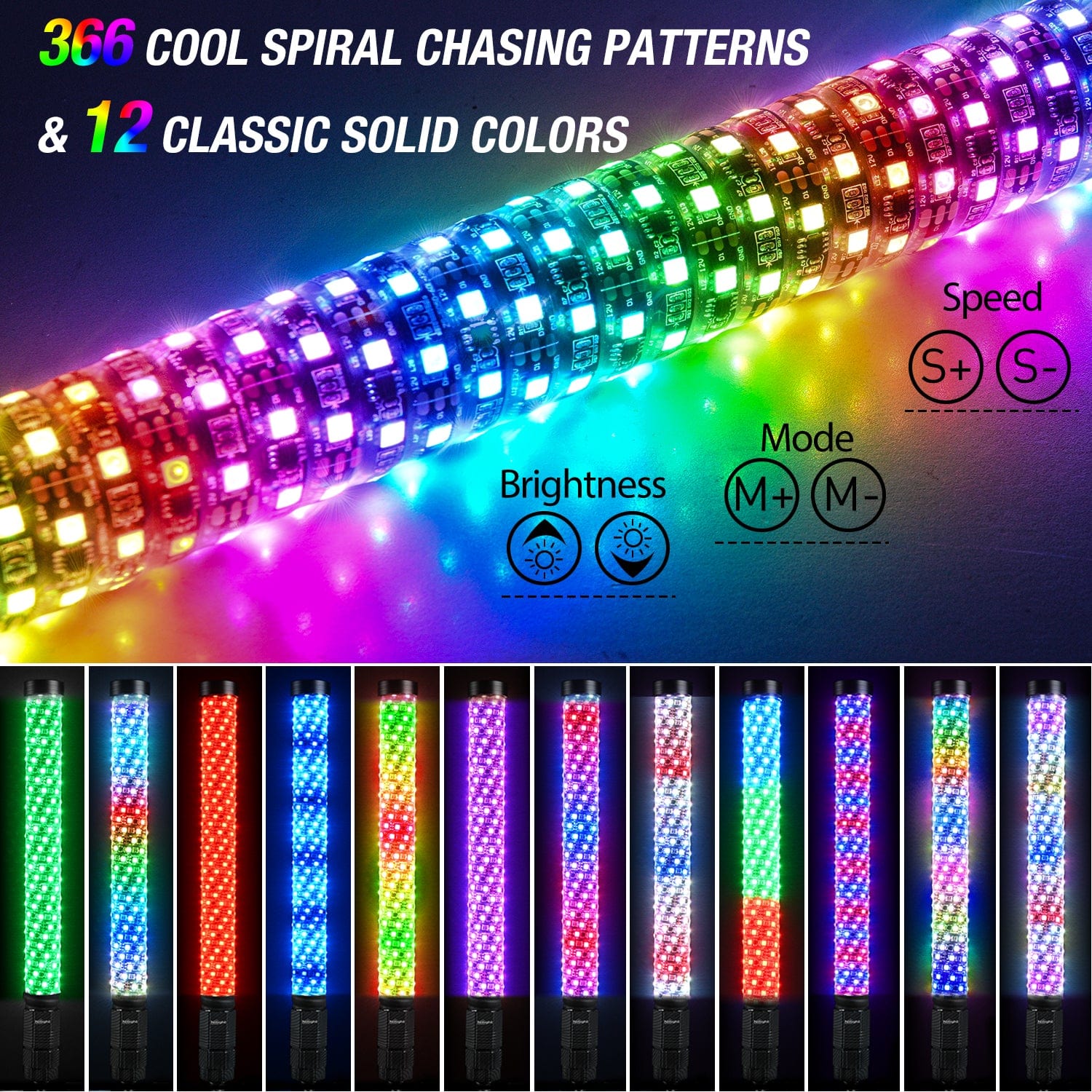 2Pcs 2FT Spiral Antenna Bluetooth Remote App Controlled LED Whip Light for Off-Road Vehicles, ATV, UTV, Jeep & Truck Night Riding - Waterproof & Durable for Outdoor Adventures