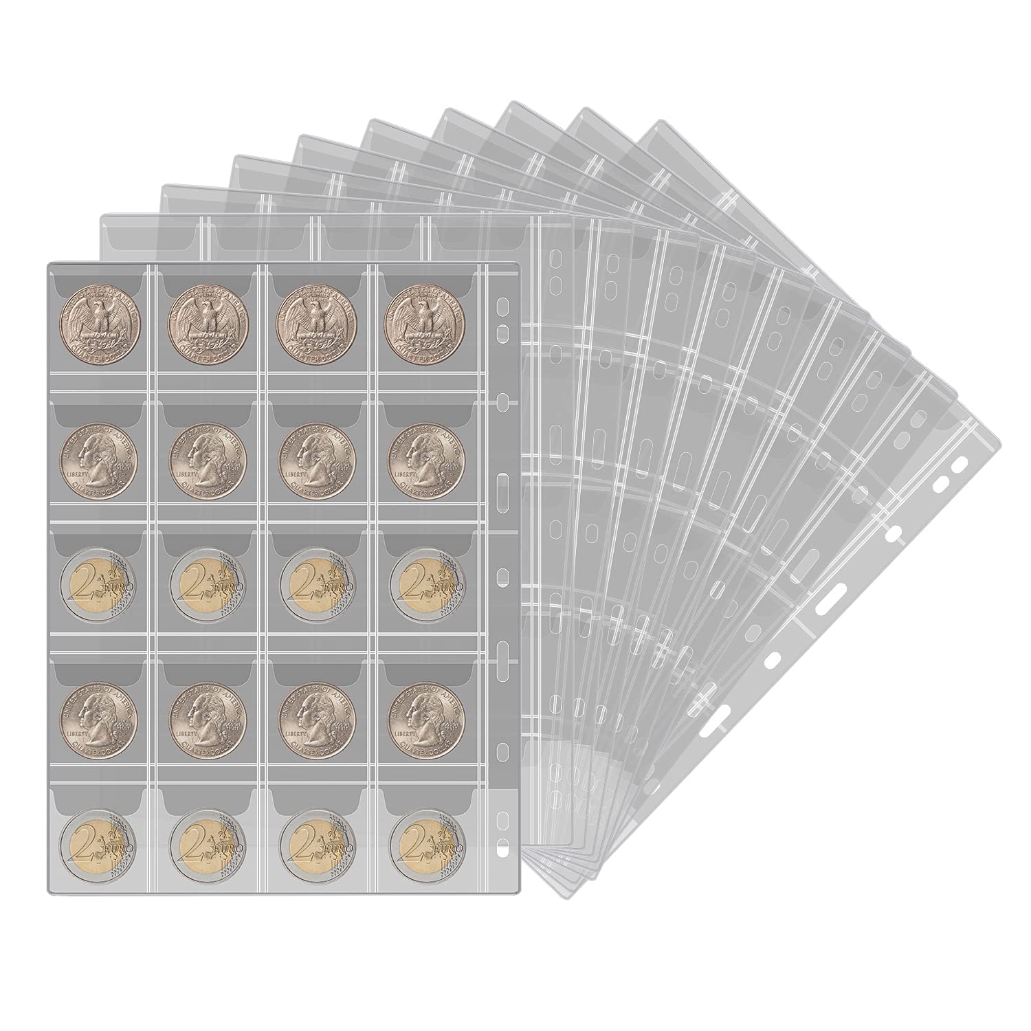 Premium Coin Collection Supplies - 12 Sheets Coin Holder Album Book Sleeves Bundle for Collectors | Currency Protection & Storage Solution for Rare Coins, Bullion & Numismatic Collections
