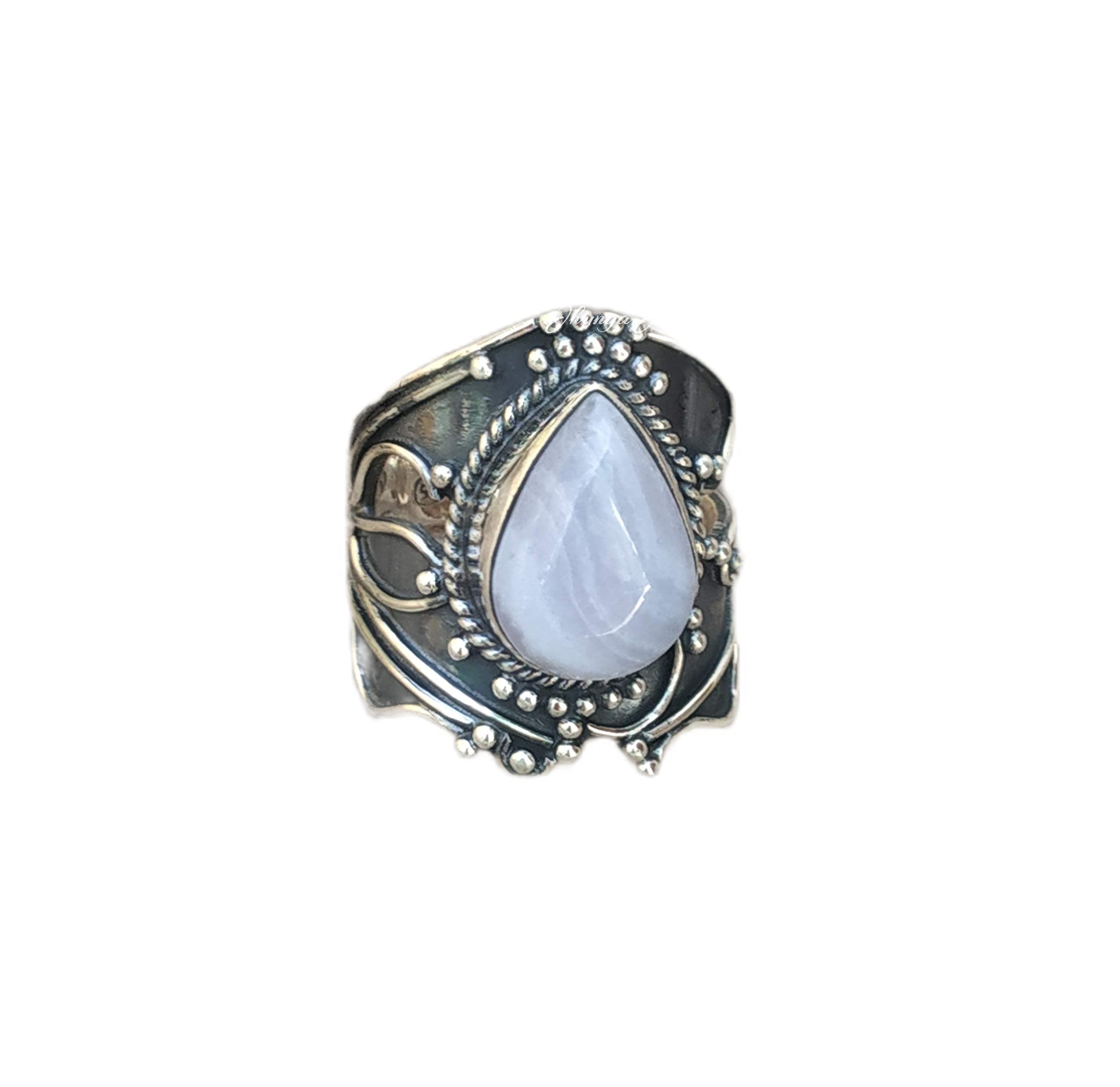 Blue Lace Agate Sterling Silver Ring | Gothic Statement Jewelry | Healing Crystal Engagement Ring | Boho Bridal Promise Ring | Natural Gemstone Gift for Women | Perfect for Weddings, Spiritual Healing & Boho Fashion