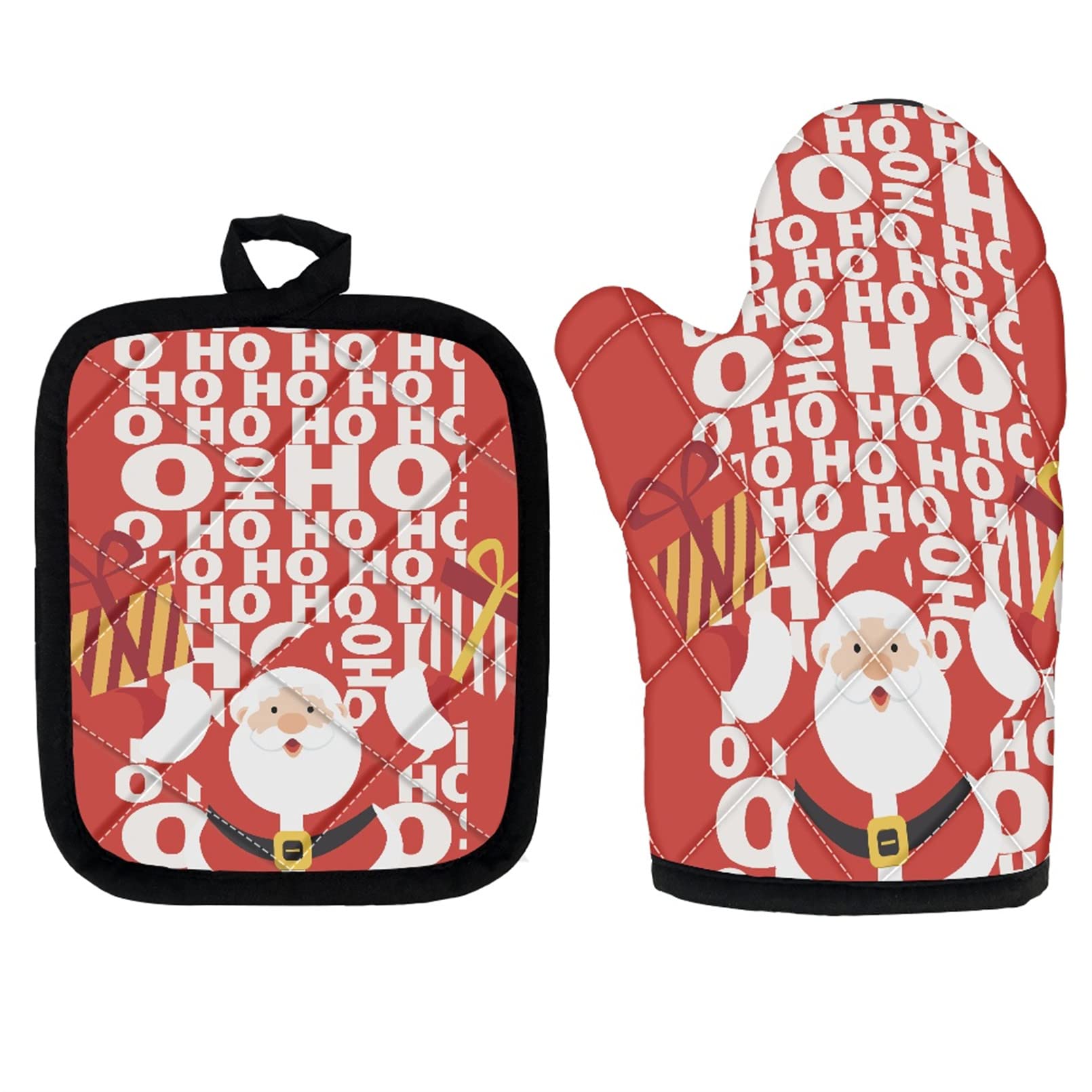Babrukda Christmas Santa with Gift Printed Oven Mitts & Pot Holders Set (2pcs) - Heat Resistant Non-Slip Kitchen Gloves for Baking, BBQ, Microwave - Perfect Holiday Cooking Accessories for Christmas, Thanksgiving & Family Gatherings