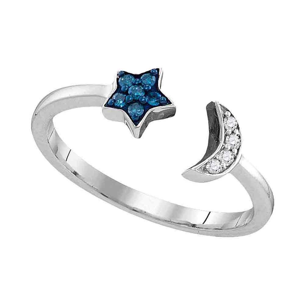 1/10 Cttw Blue Enhanced Diamond Sterling Silver Women's Star & Crescent Moon Band Ring – Perfect for Gifts, Weddings & Special Occasions