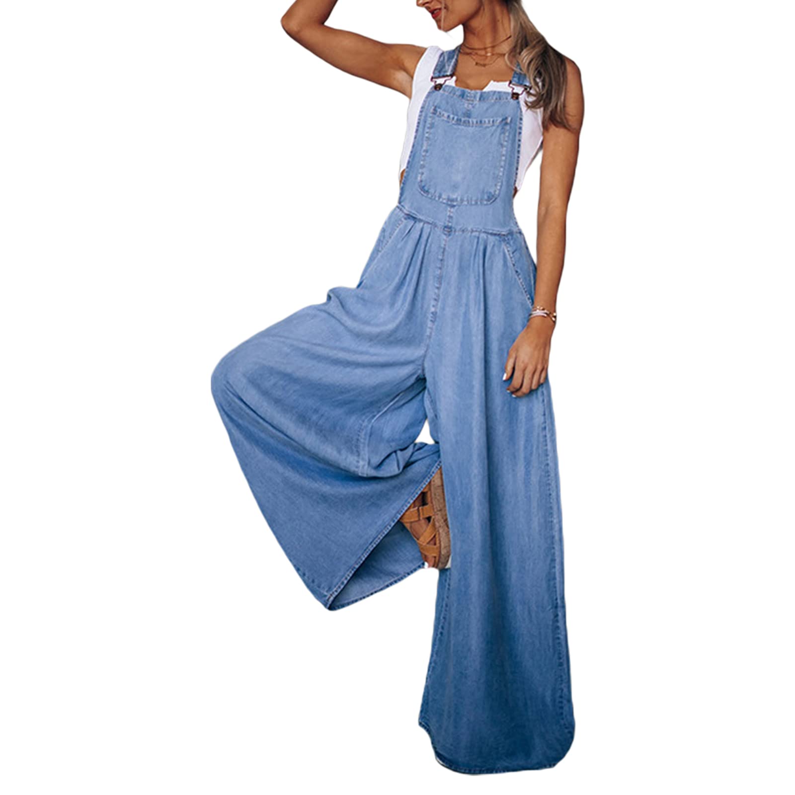 Women's Denim Bib Overalls - Casual Baggy Jumpsuit with Pockets & Wide Leg | Giraropa Solid Overalls for Women | Perfect for Workwear, Street Style & Outdoor Activities
