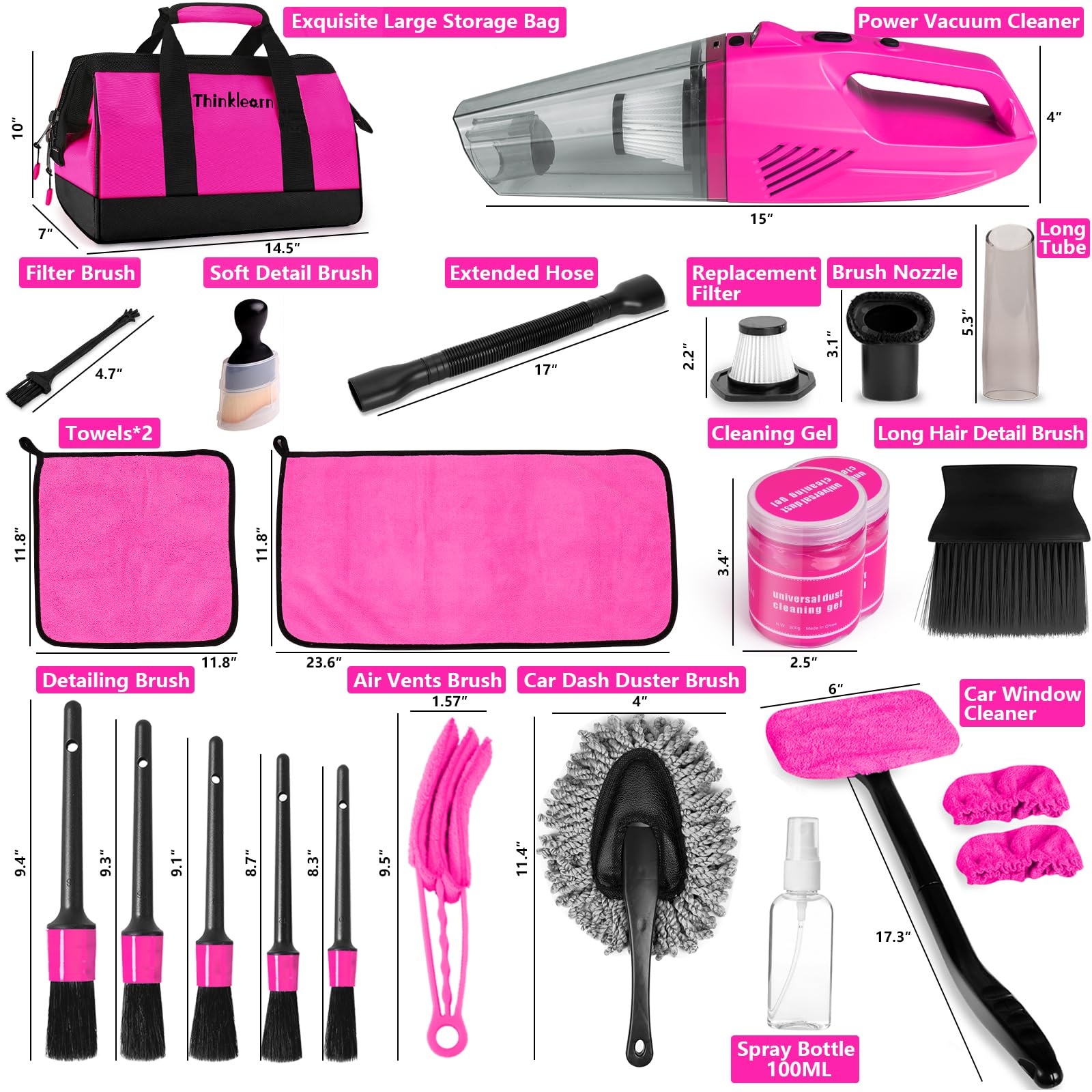 **Powerful Handheld Car Vacuum Cleaner with 7-Piece Detailing Brush Set – Portable Auto Interior Cleaning Kit for Cars, Trucks & SUVs – Includes Pink Storage Bag for Women (Perfect for Home, Office & Travel)**