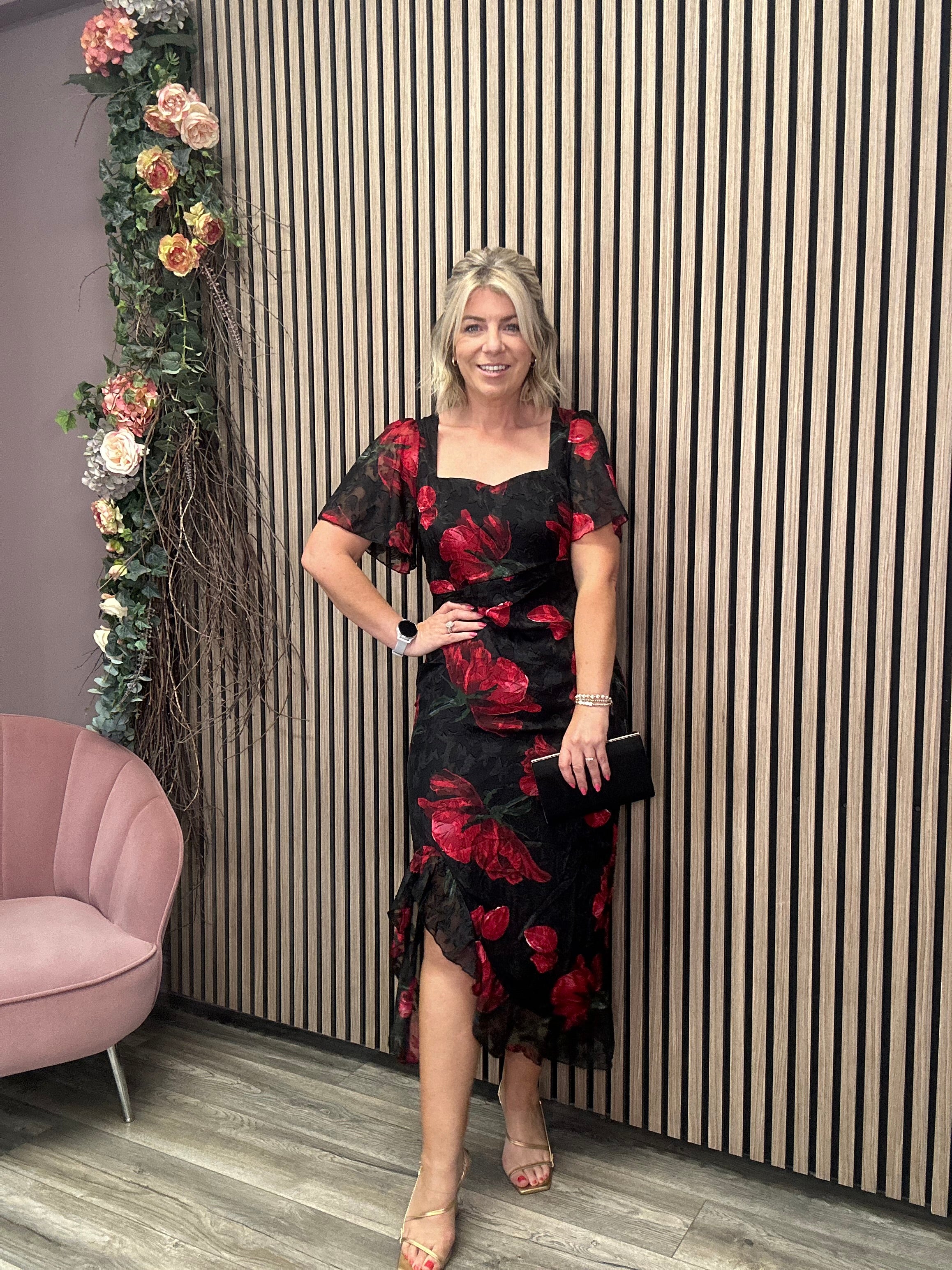 Heidi Ruched Midi Dress - Floral Print Summer Dress for Women (Black & Red) | Perfect for Parties, Weddings & Date Nights