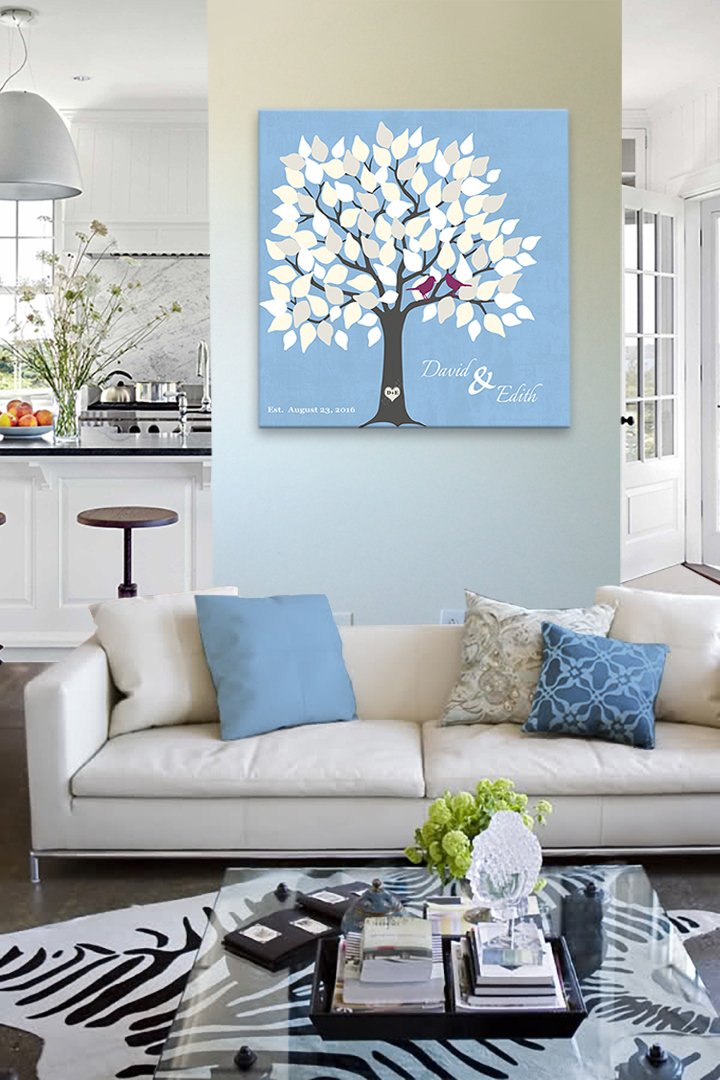 Personalized Wedding Tree Guest Book - Unique Bridal Shower Gift for 100-150 Signatures - Blue Canvas Wall Art Decor 30