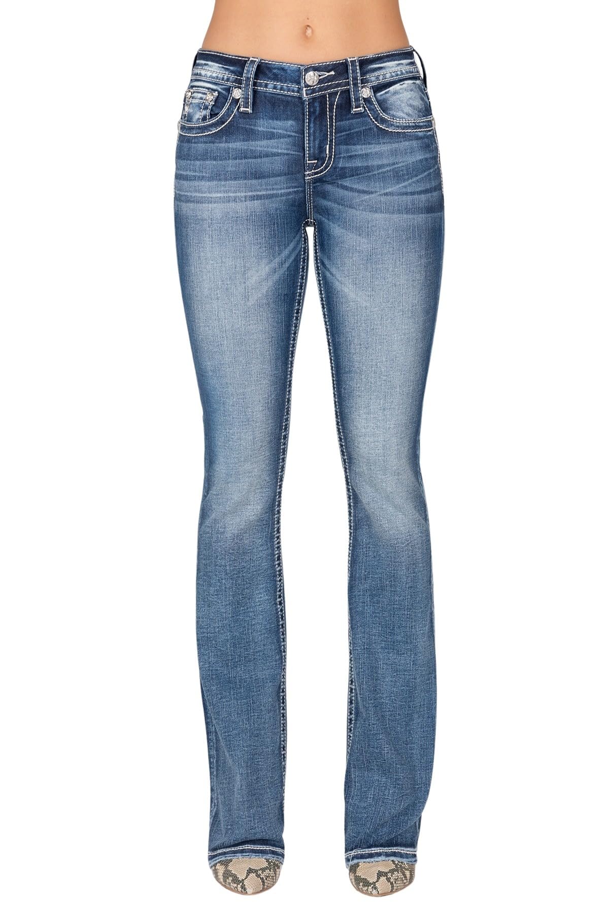 Miss Me Women's Mid-Rise Bootcut Jeans - Metallic Stardust Swirls Flag Design, Stretch Denim for Comfort | Perfect for Casual Wear, Night Out & Everyday Fashion