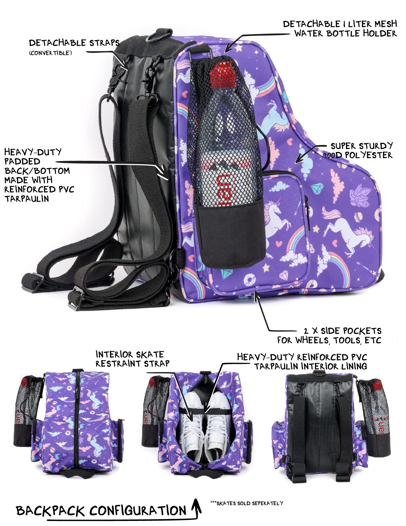 Fydelity Roller Skate Backpack for Women & Girls - Durable Checkered Rainbow Black Ice Skating Bag - Perfect for Rink, Park & Travel Accessories