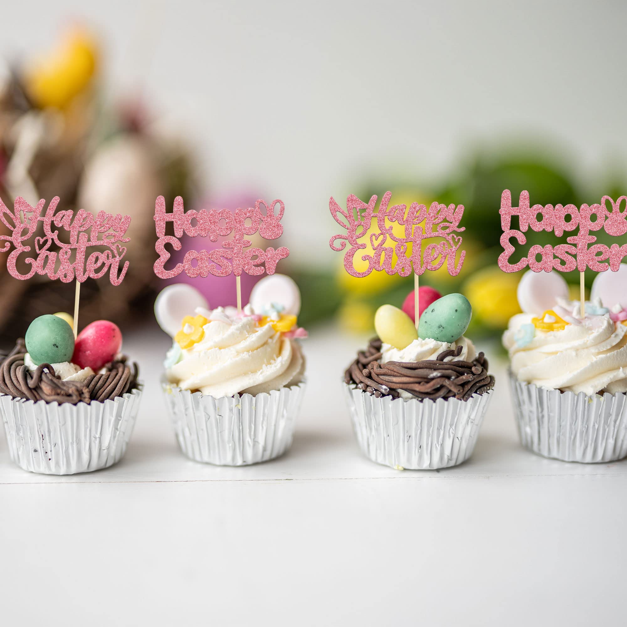 Pink Glitter Easter Bunny Cupcake Toppers - 24Pcs Happy Easter Cake Decorations for Easter Party, Spring Birthday & Baby Shower - Adorable Bunny Toppers for Cupcakes, Cakes & Desserts