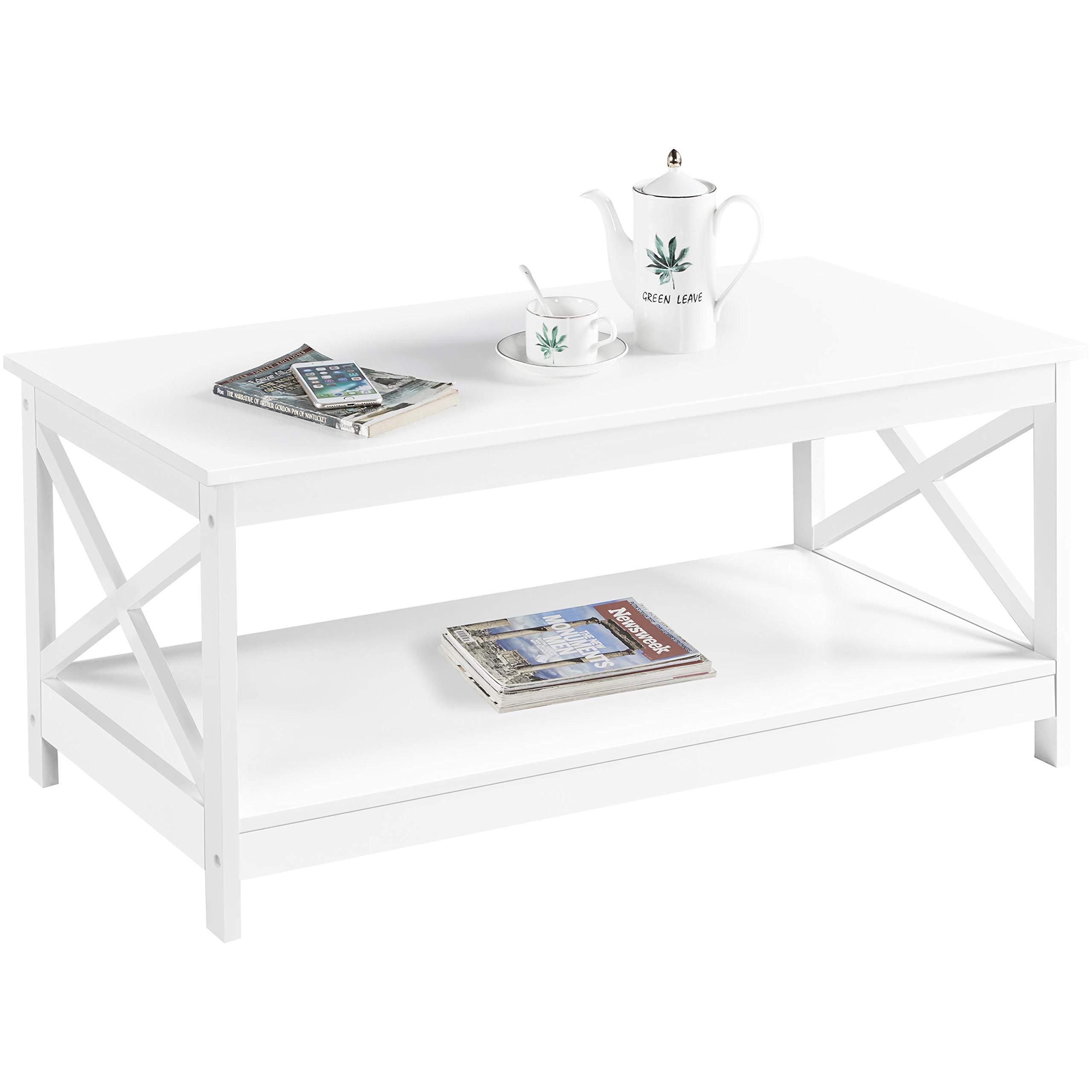 Modern X Design White Coffee Table - 2-Tier Wooden Cocktail Table with Storage Shelf for Living Room, Lounge & Office Use - Stylish Center Table for Home Decor & Small Space Furniture