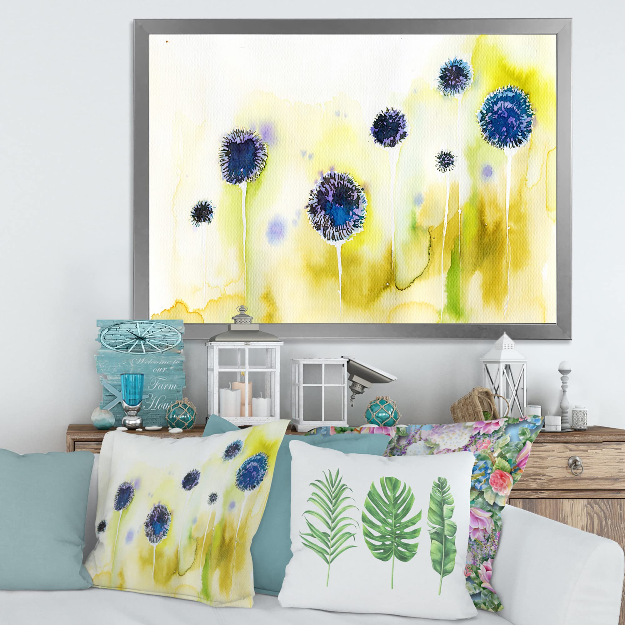 DesignQ Blue Flowers In The Meadow Traditional Framed Wall Art - Vintage Floral Canvas Painting for Living Room, Bedroom & Office Decor