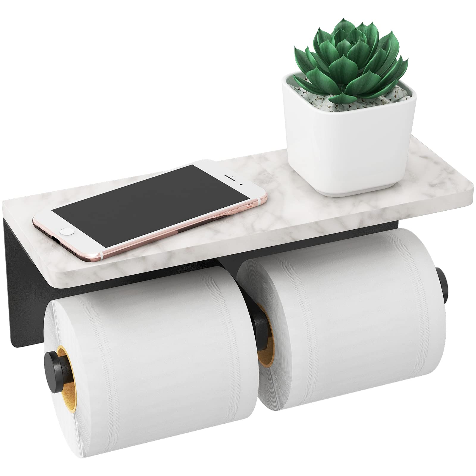 Upgraded Double Toilet Paper Holder with Shelf & Storage - Marble Wall Mount Bathroom Organizer for Toilet Rolls (Black) | Perfect for Modern Bathrooms & Powder Rooms