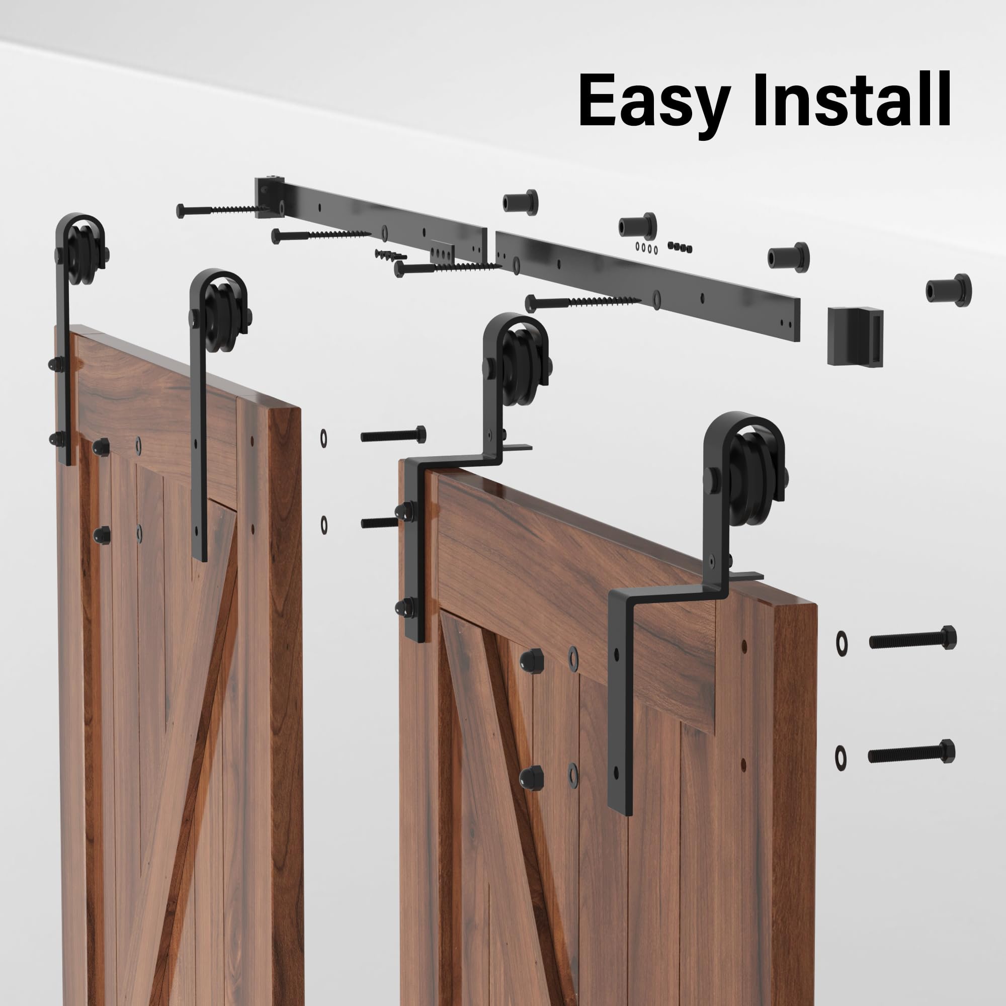 WINSOON 7.5FT Single Rail Bypass Barn Door Hardware Kit - Heavy Duty Sliding Track System with Antique Rollers for Double Doors - Perfect for Cabinet, Closet, Bedroom and Home Office Installation